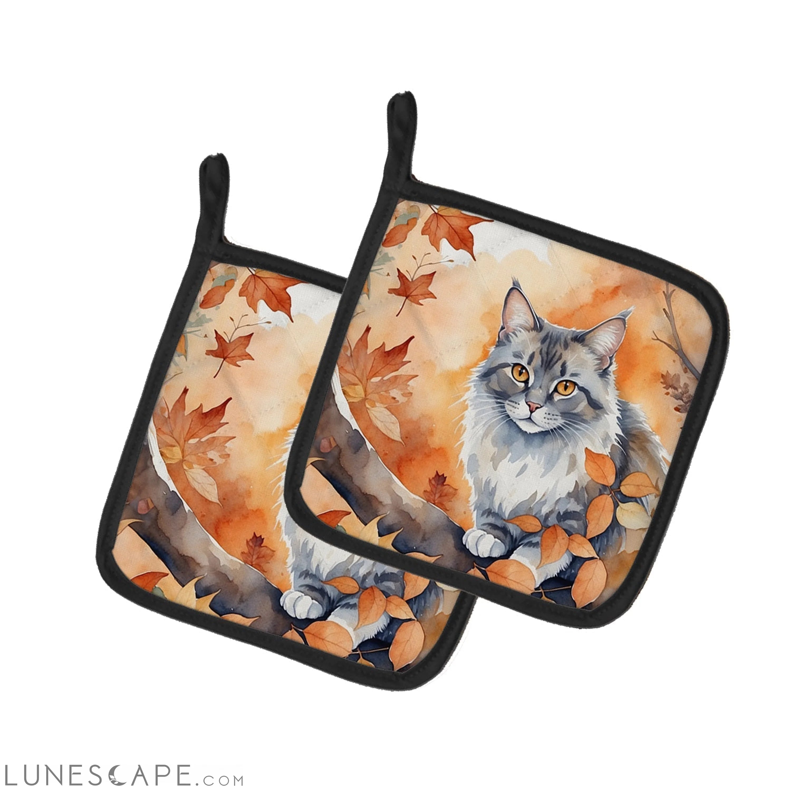 Australian Mist Cat in Fall Leaves Pair of Pot Holders LUNESCAPE
