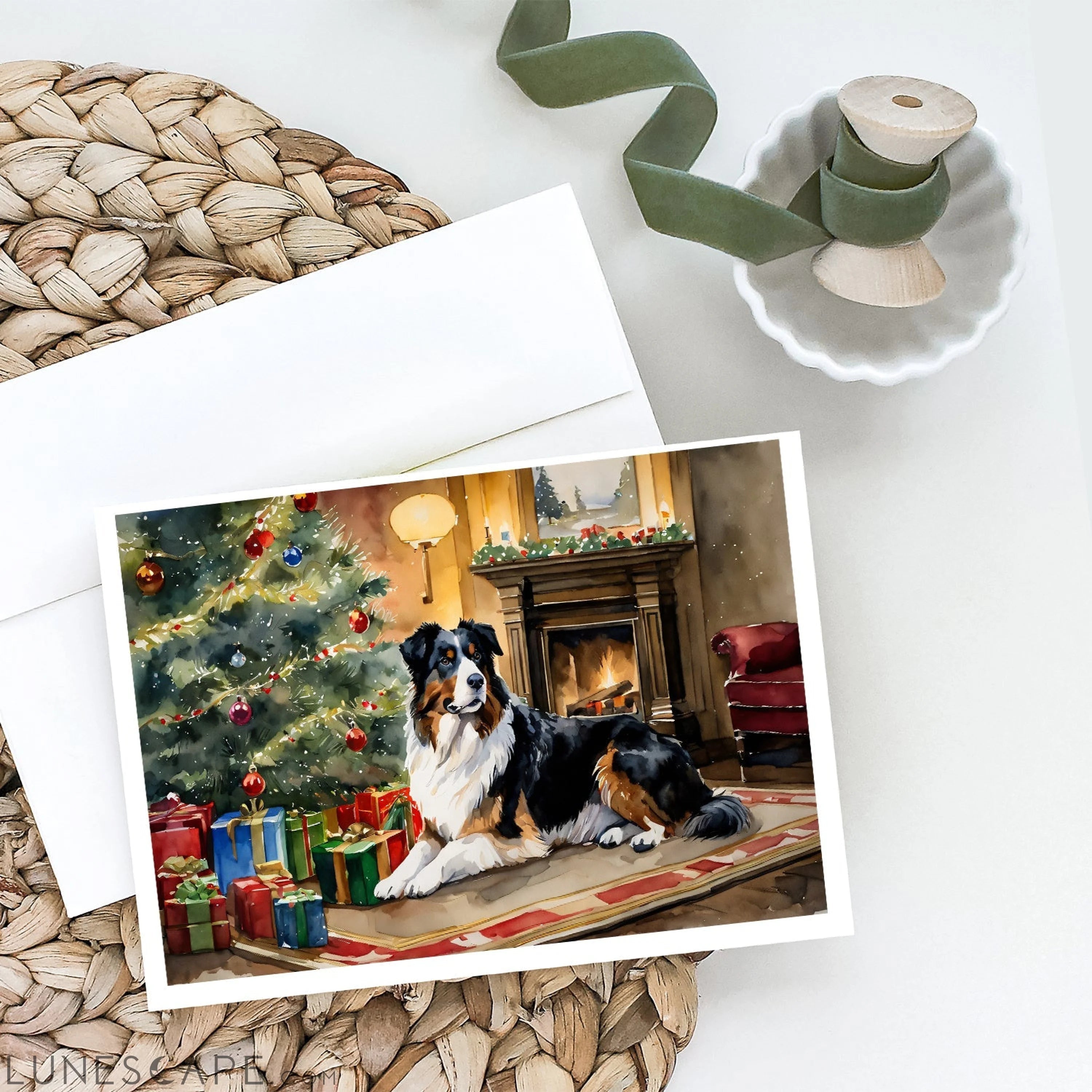 Australian Shepherd Cozy Christmas Greeting Cards Pack of 8 LUNESCAPE