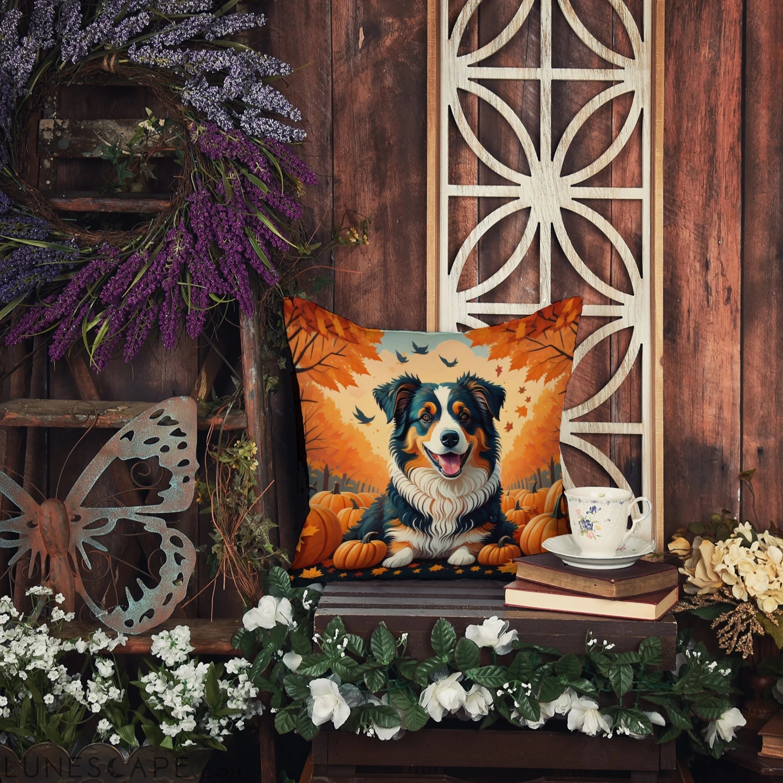 Australian Shepherd Terrier Fall Throw Pillow LUNESCAPE