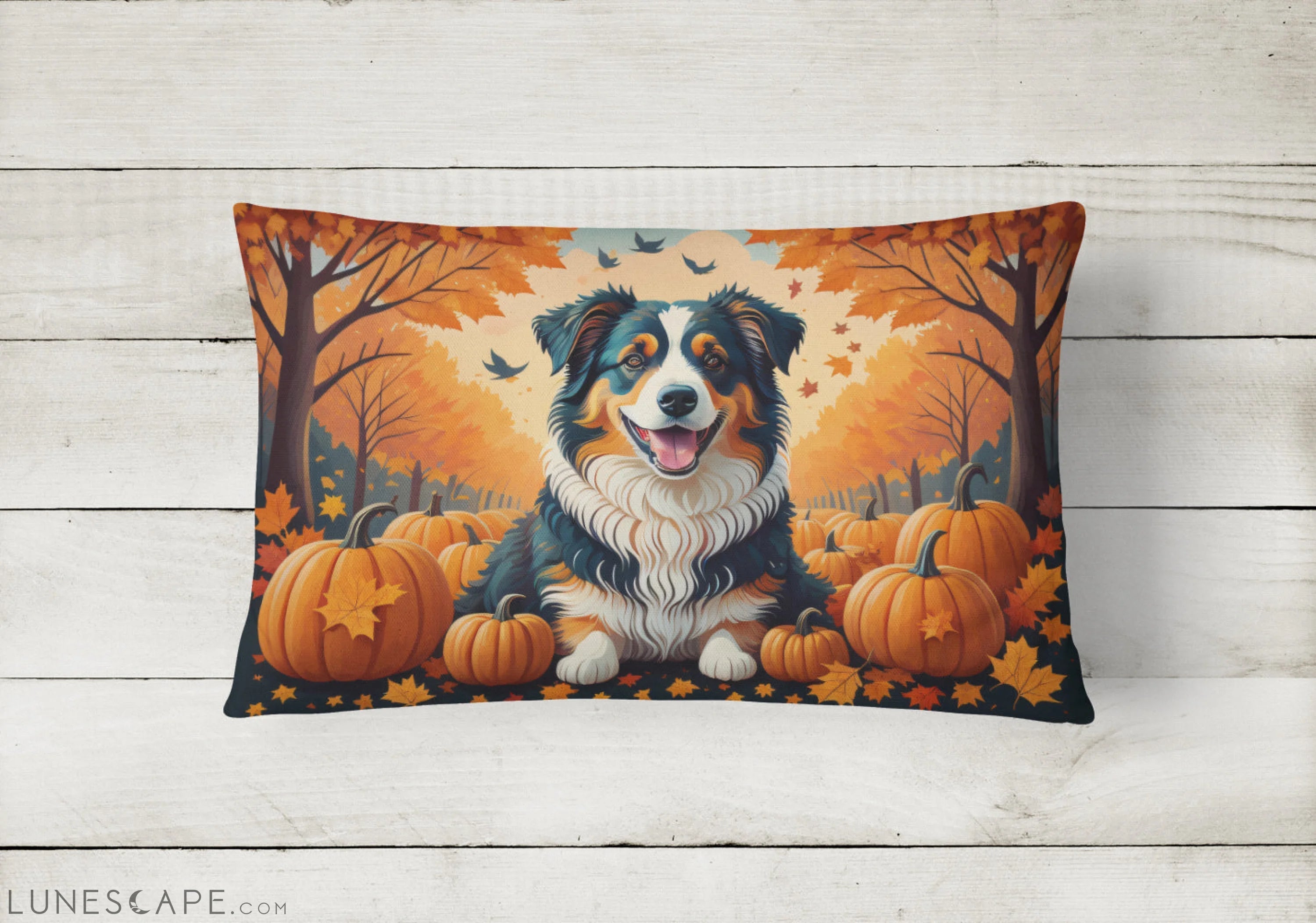 Australian Shepherd Terrier Fall Throw Pillow LUNESCAPE