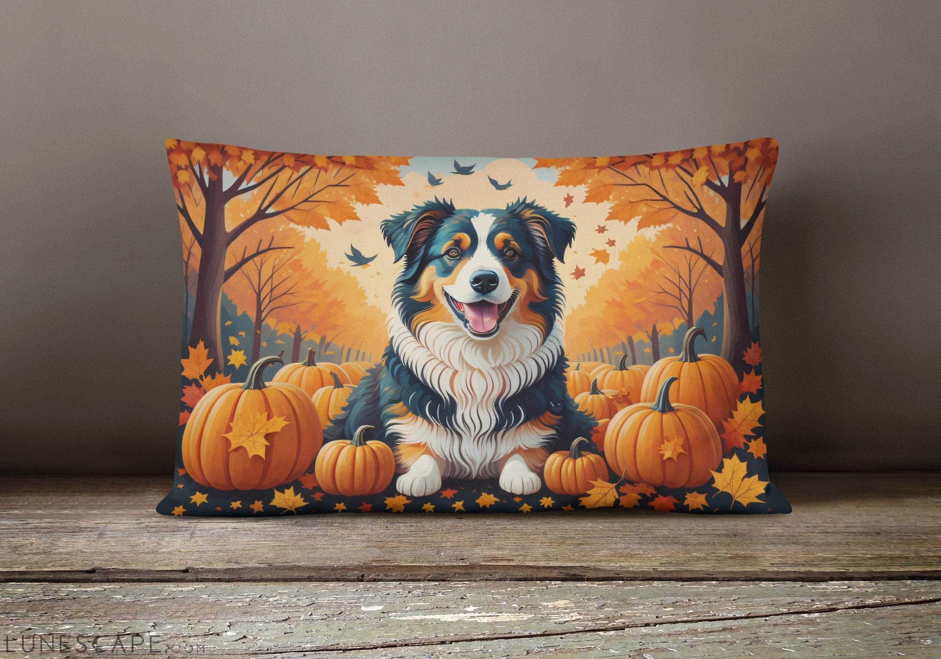 Australian Shepherd Terrier Fall Throw Pillow LUNESCAPE