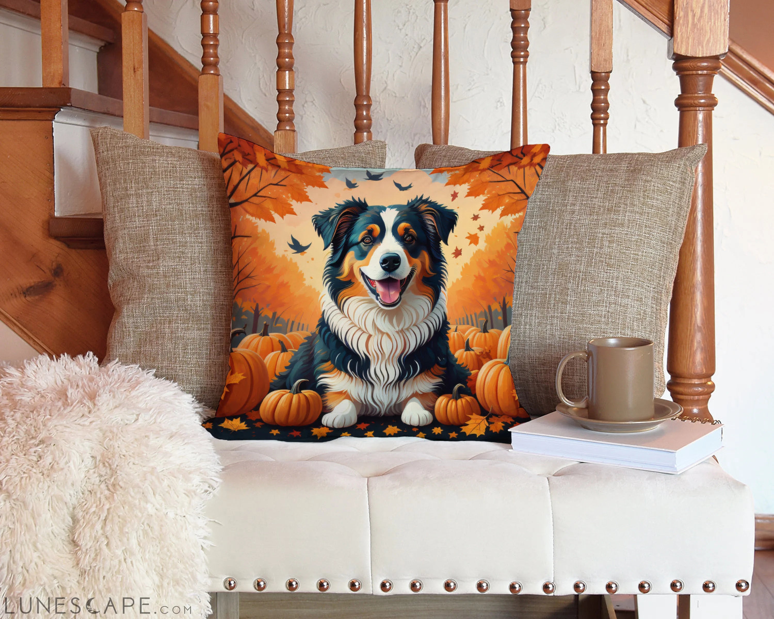 Australian Shepherd Terrier Fall Throw Pillow LUNESCAPE