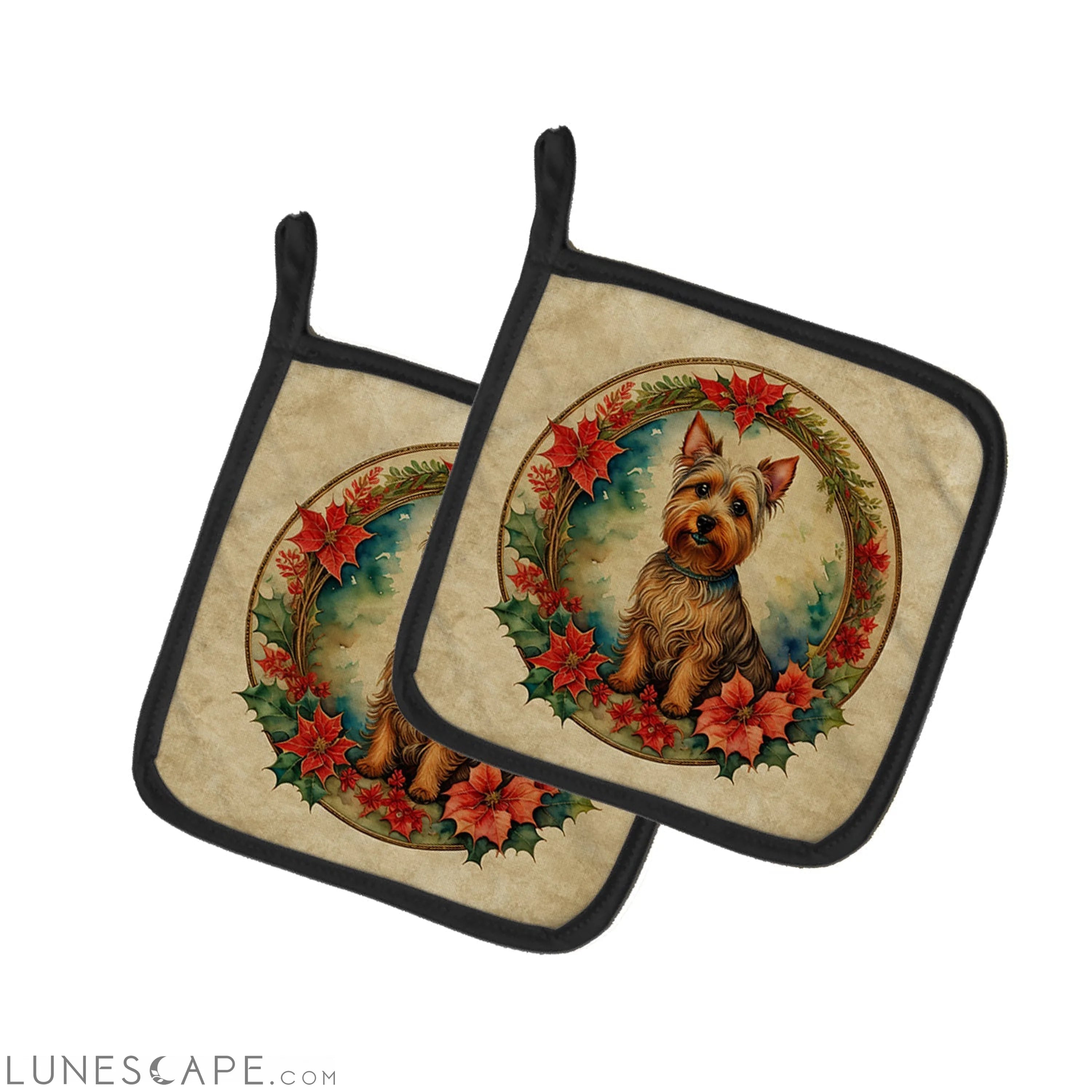 Australian Terrier Christmas Flowers Pair of Pot Holders LUNESCAPE