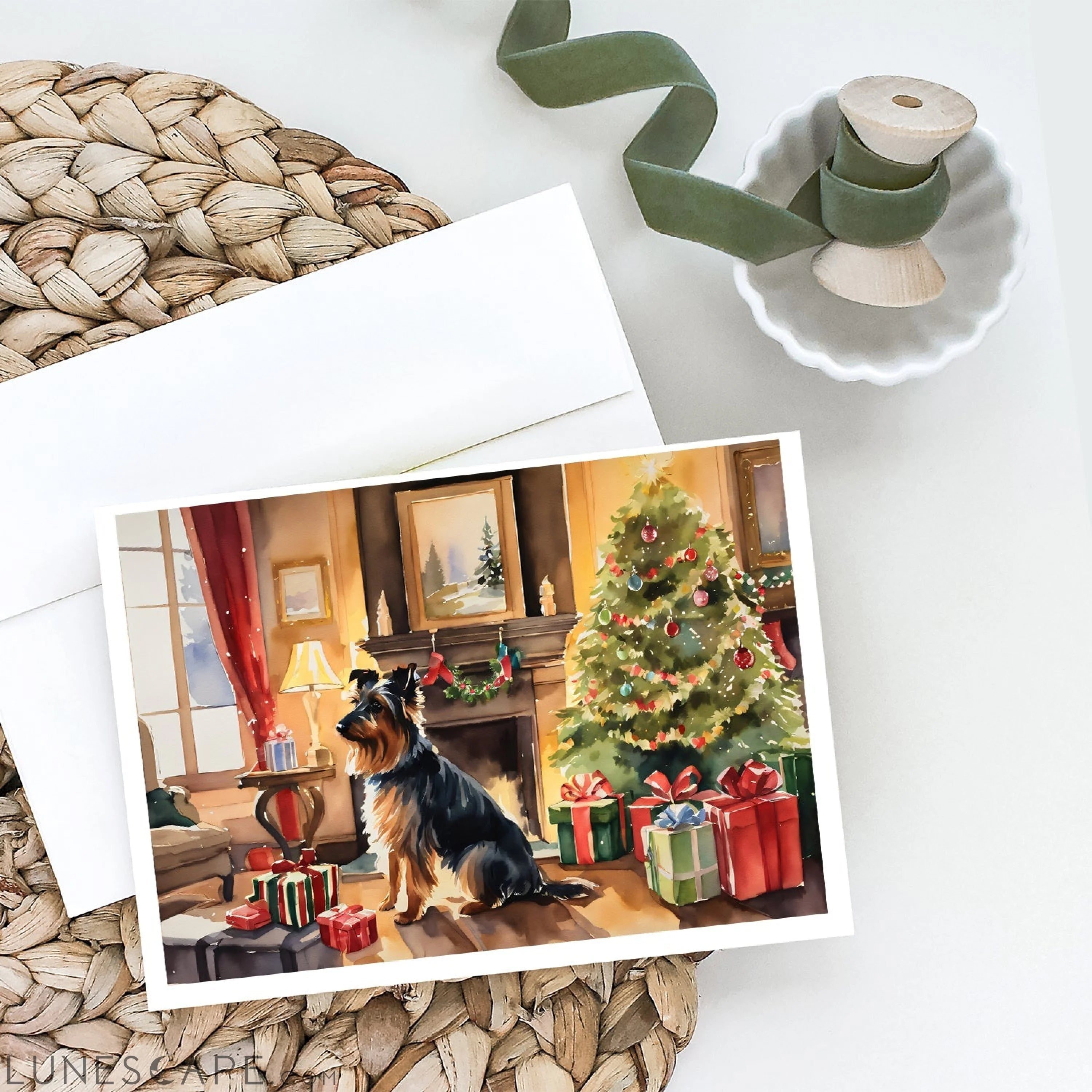 Australian Terrier Cozy Christmas Greeting Cards Pack of 8 LUNESCAPE