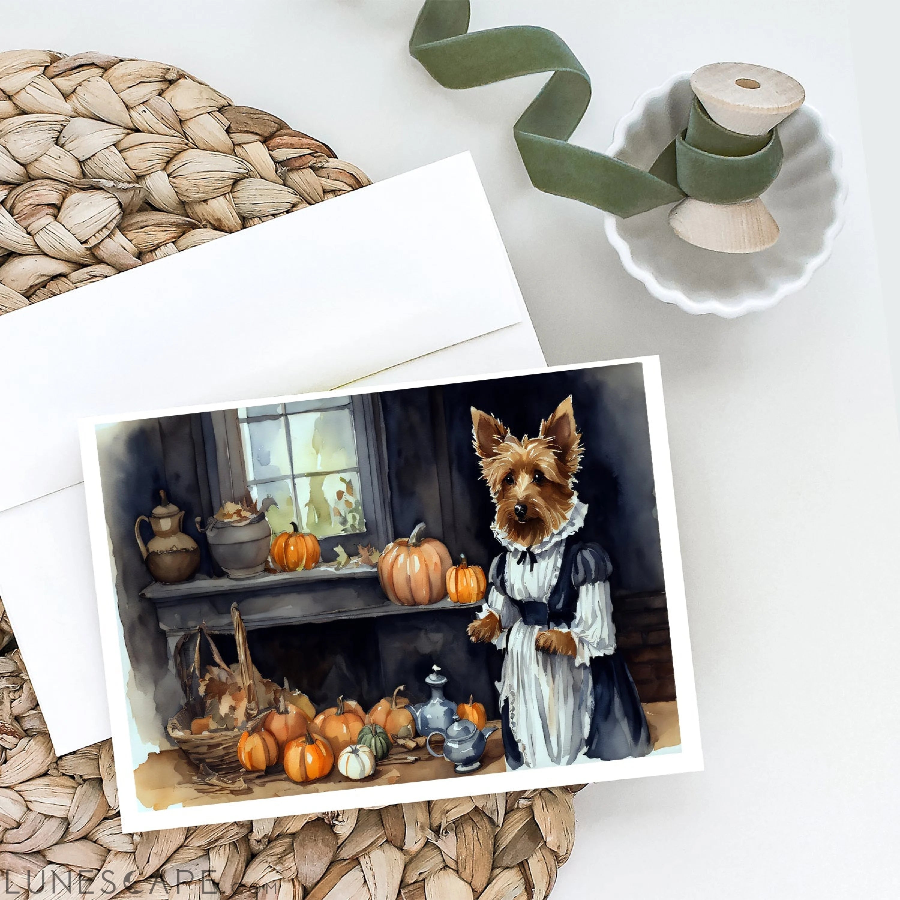 Australian Terrier Fall Kitchen Pumpkins Thanksgiving Greeting Cards Pack of 8 LUNESCAPE