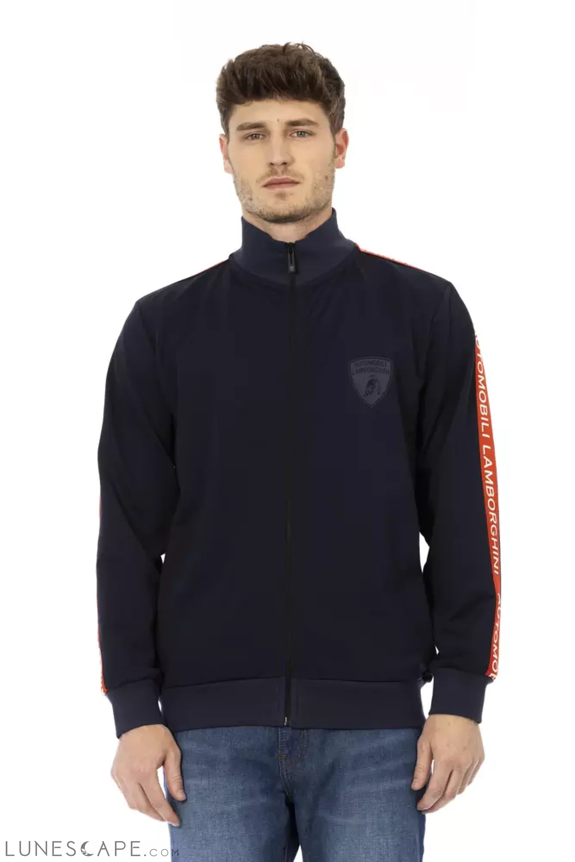 Automobili Lamborghini Blue Polyester Men Sweater with Zip and Side Pockets LUNESCAPE