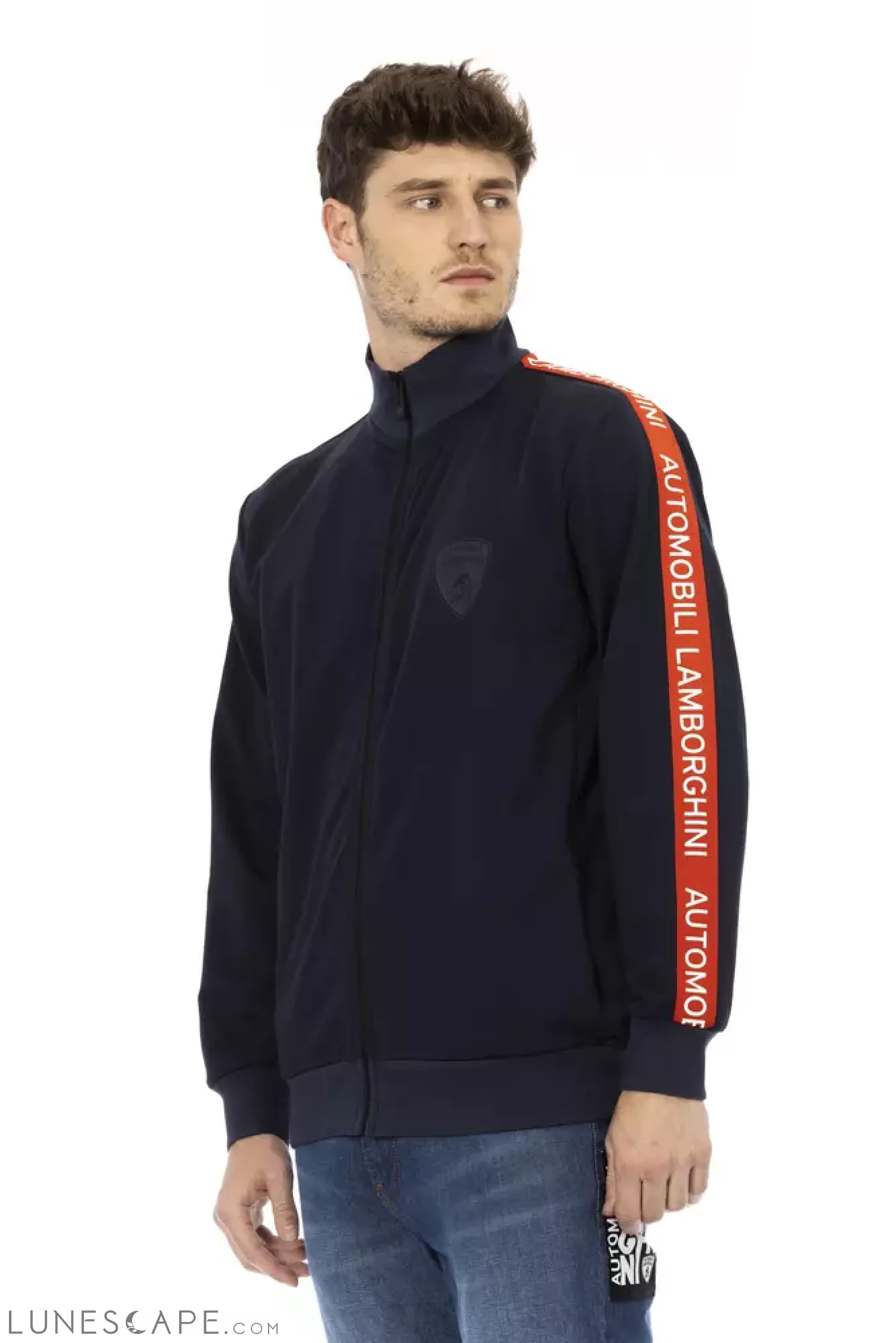 Automobili Lamborghini Blue Polyester Men Sweater with Zip and Side Pockets LUNESCAPE