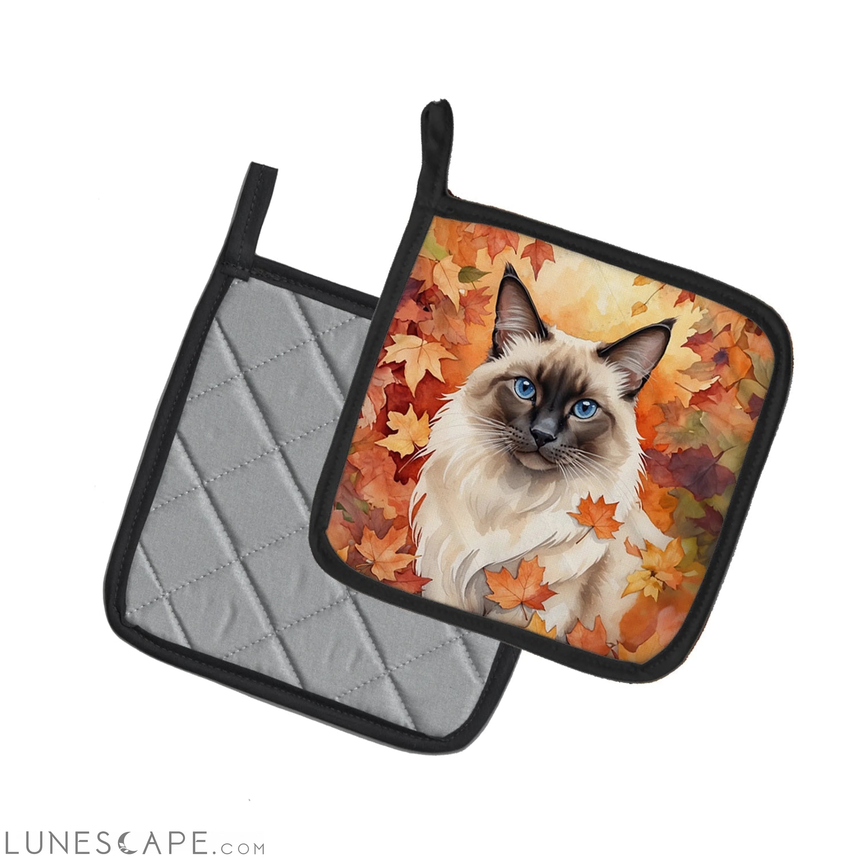 Balinese Cat in Fall Leaves Pair of Pot Holders LUNESCAPE