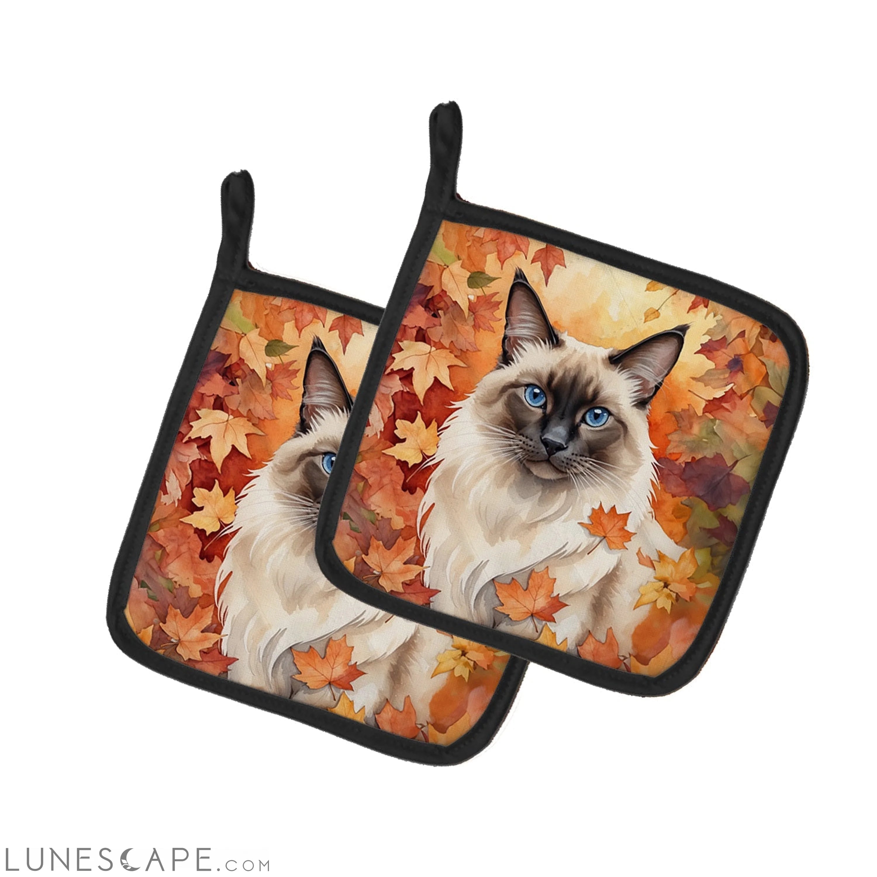 Balinese Cat in Fall Leaves Pair of Pot Holders LUNESCAPE