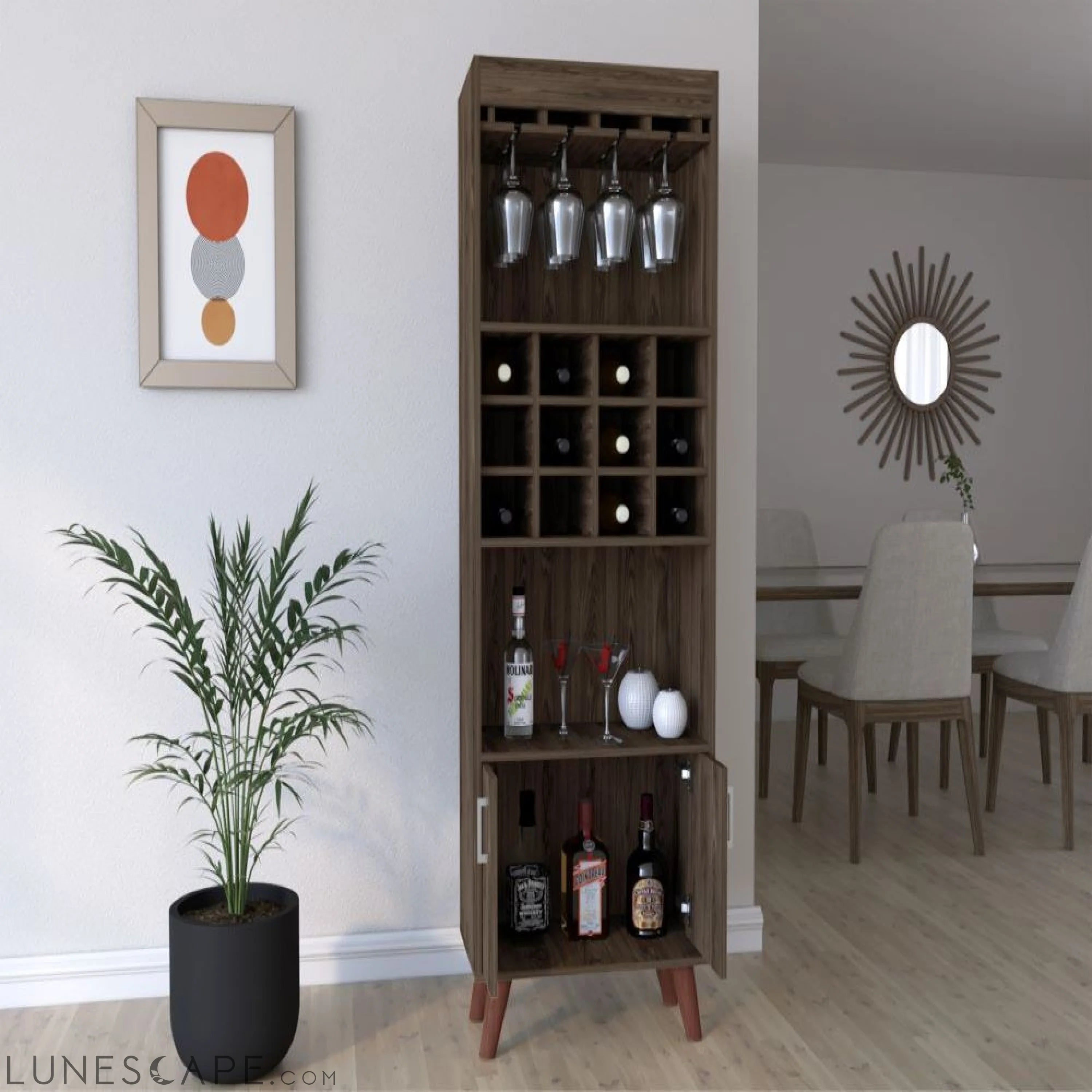 Bar Cabinet Bull, Twelve Wine Cubbies, Rack, Dark Walnut Finish LUNESCAPE