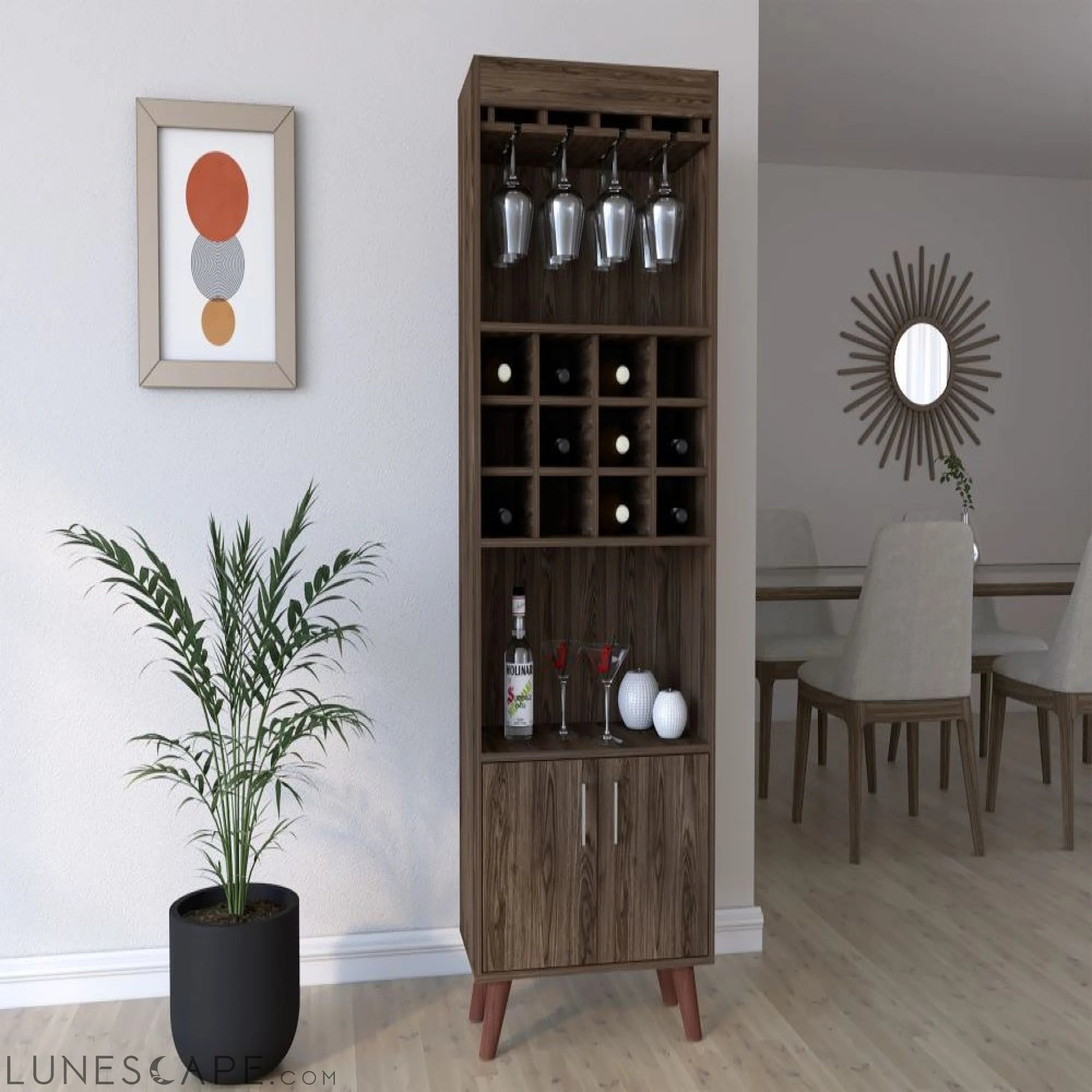 Bar Cabinet Bull, Twelve Wine Cubbies, Rack, Dark Walnut Finish LUNESCAPE