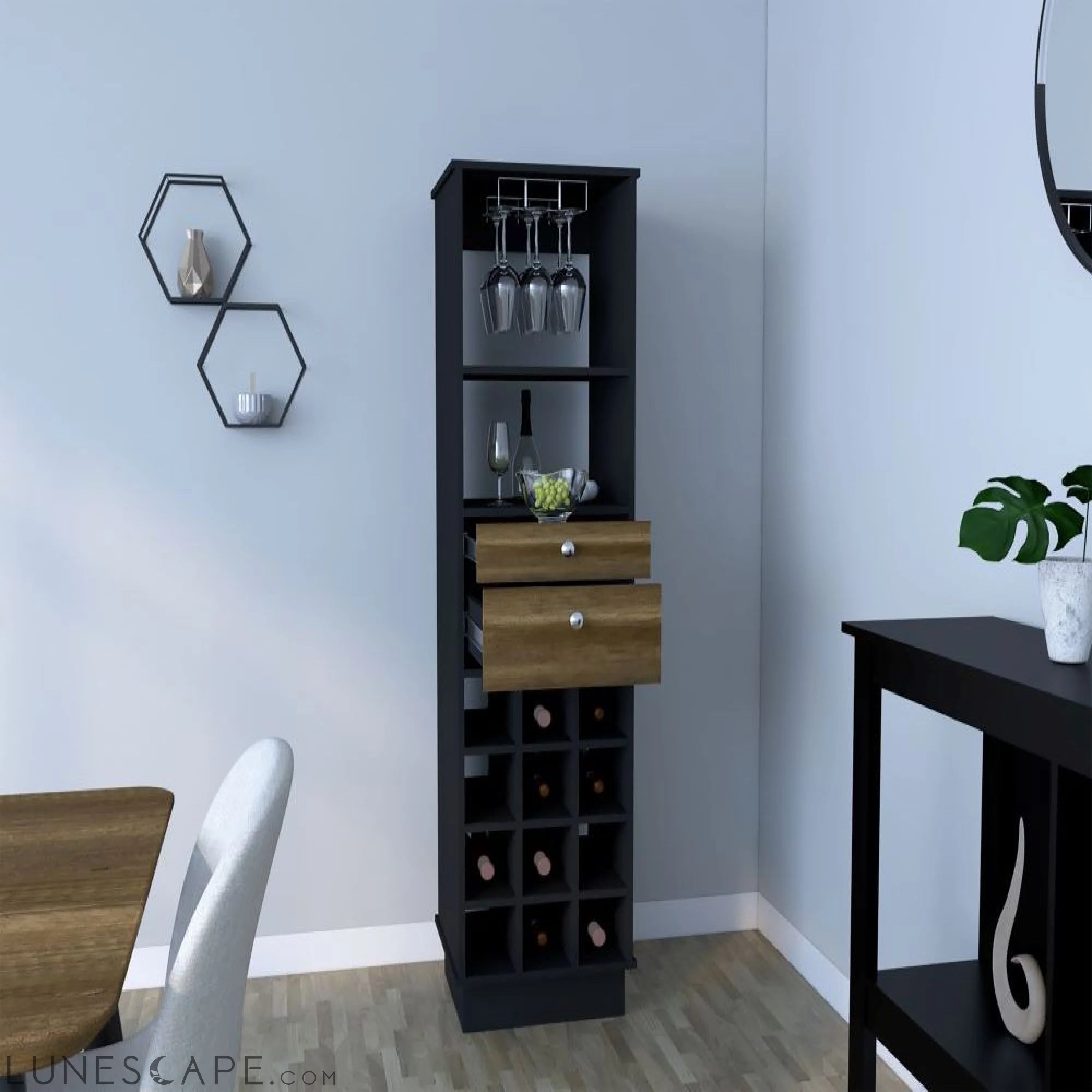 Bar Cabinet Bureck, Two Drawers, Twelve Wine Cubbies, Black Wengue / LUNESCAPE