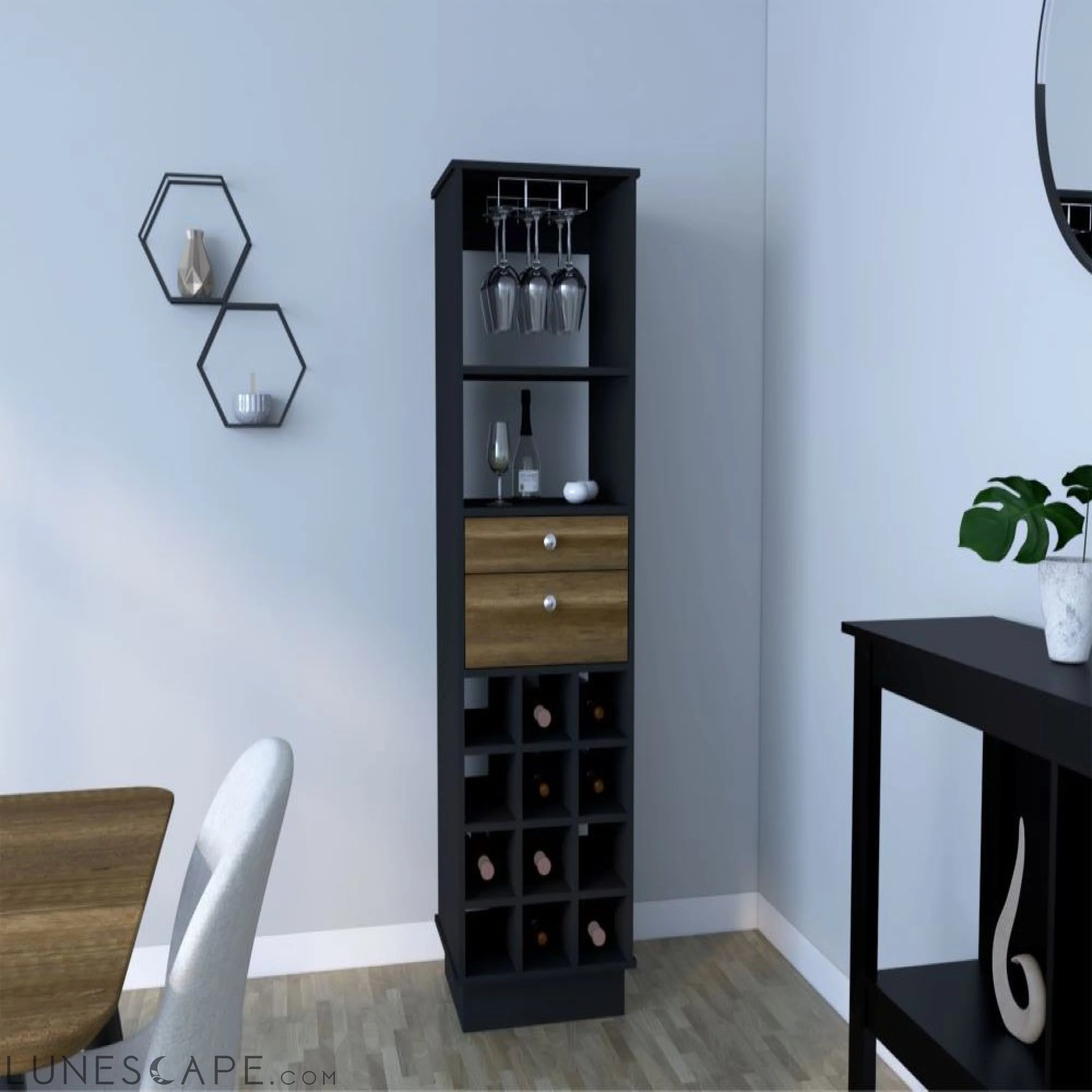 Bar Cabinet Bureck, Two Drawers, Twelve Wine Cubbies, Black Wengue / LUNESCAPE
