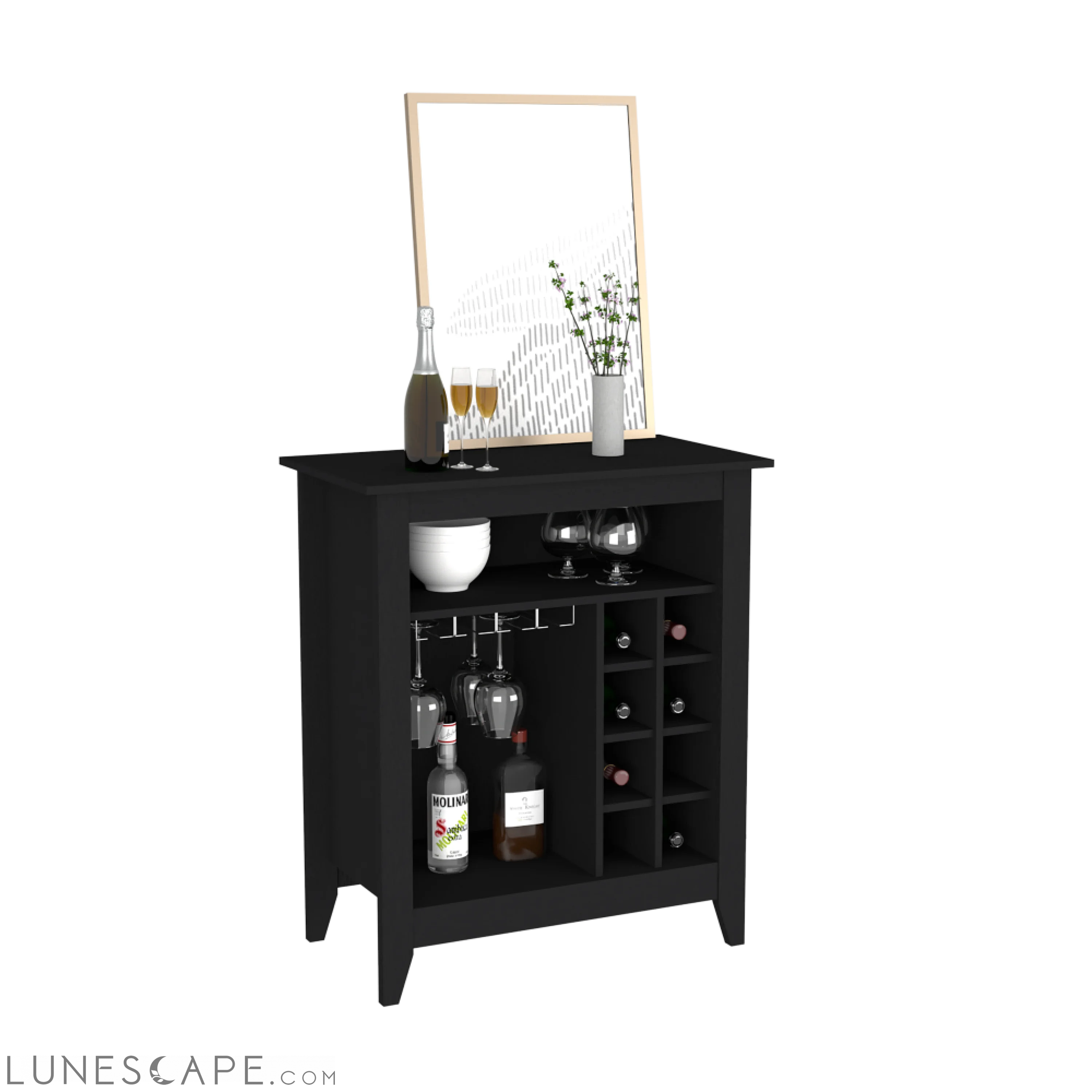 Bar Cabinet Castle, One Open Shelf, Six Wine Cubbies, Black Wengue LUNESCAPE