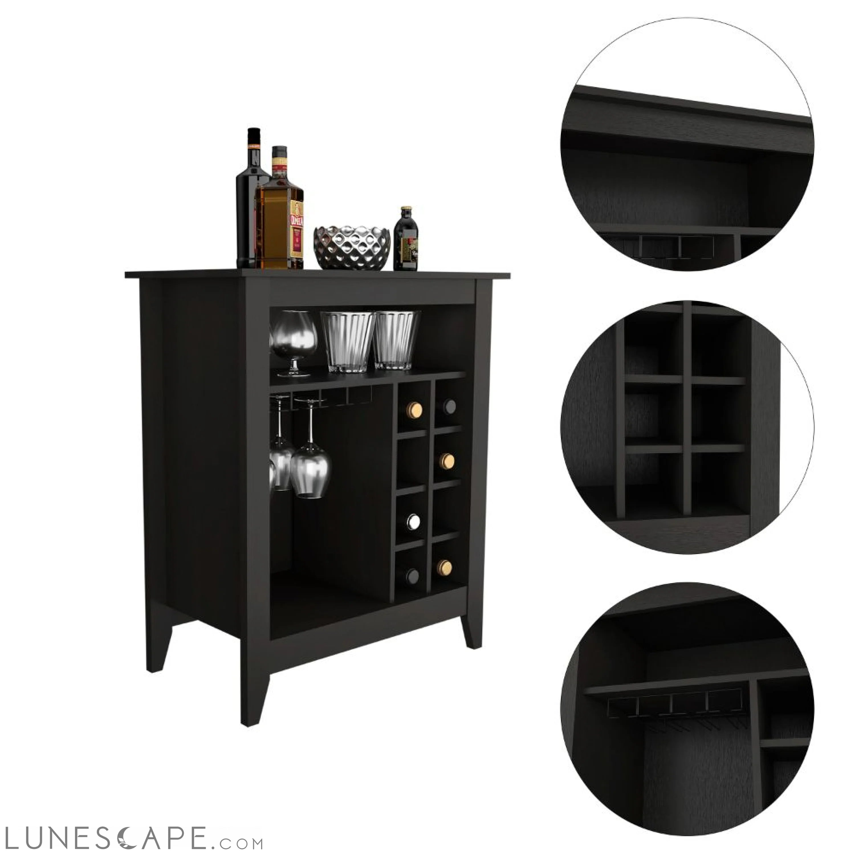 Bar Cabinet Castle, One Open Shelf, Six Wine Cubbies, Black Wengue LUNESCAPE