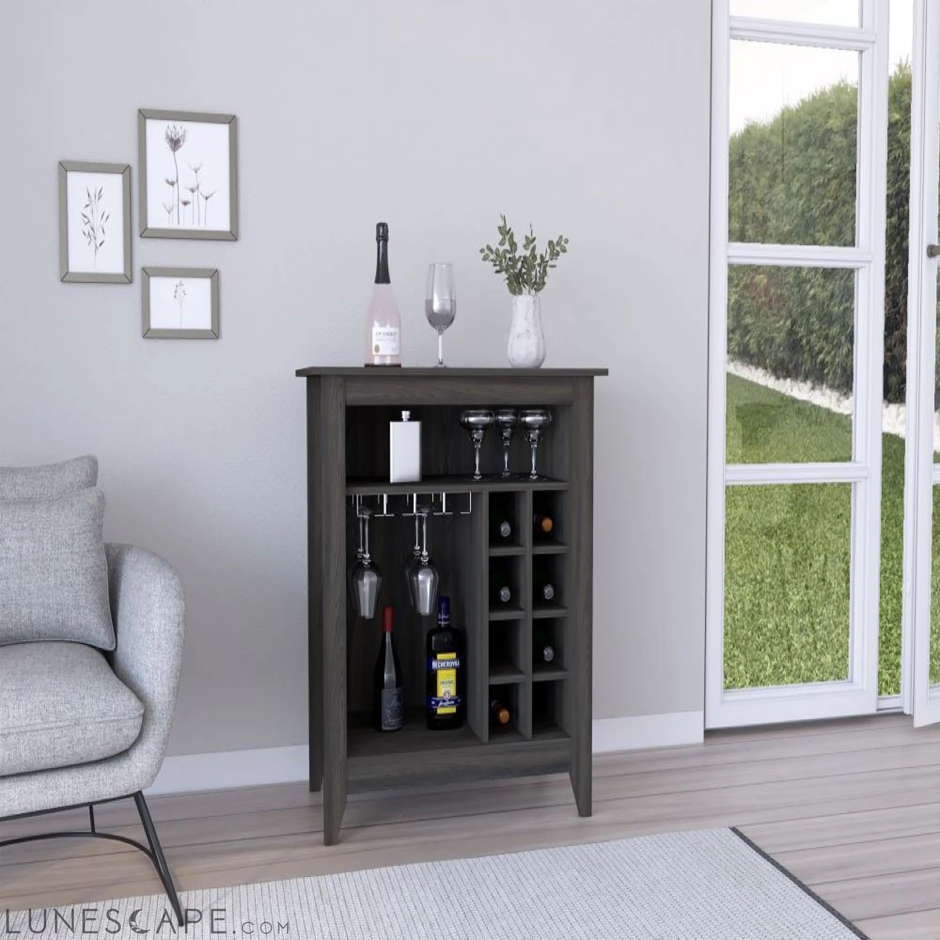 Bar Cabinet Castle, One Open Shelf, Six Wine Cubbies, Carbon Espresso LUNESCAPE