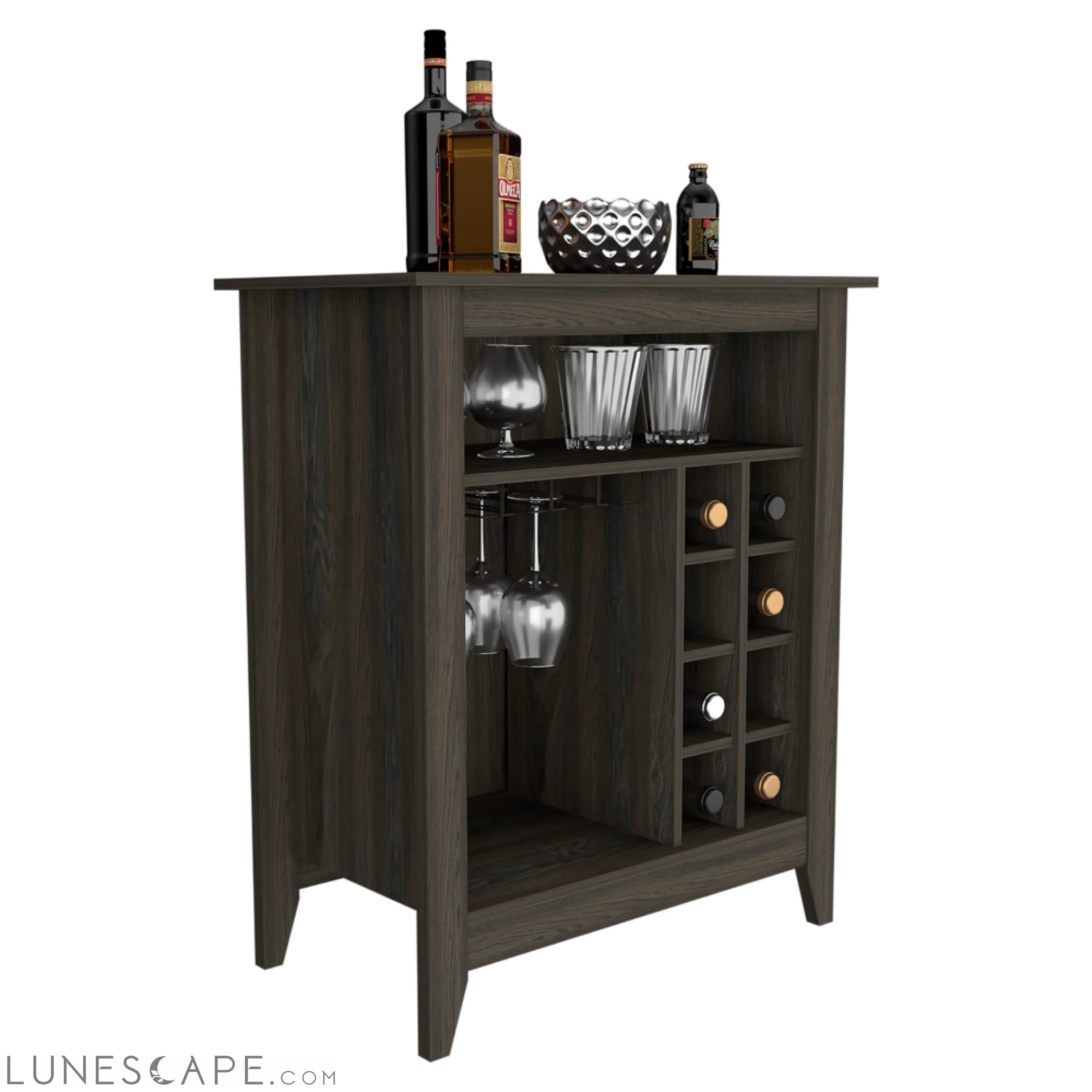 Bar Cabinet Castle, One Open Shelf, Six Wine Cubbies, Carbon Espresso LUNESCAPE