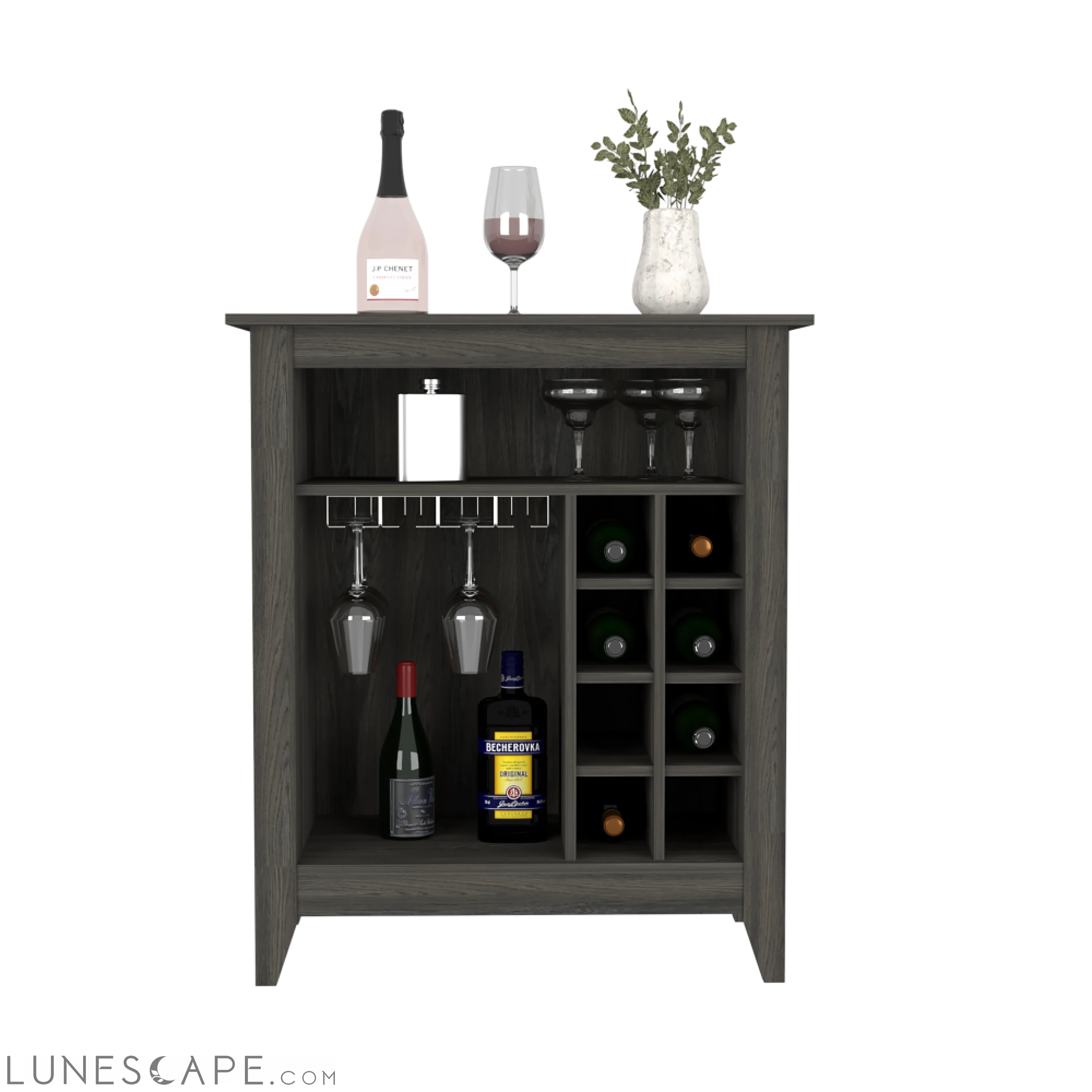 Bar Cabinet Castle, One Open Shelf, Six Wine Cubbies, Carbon Espresso LUNESCAPE