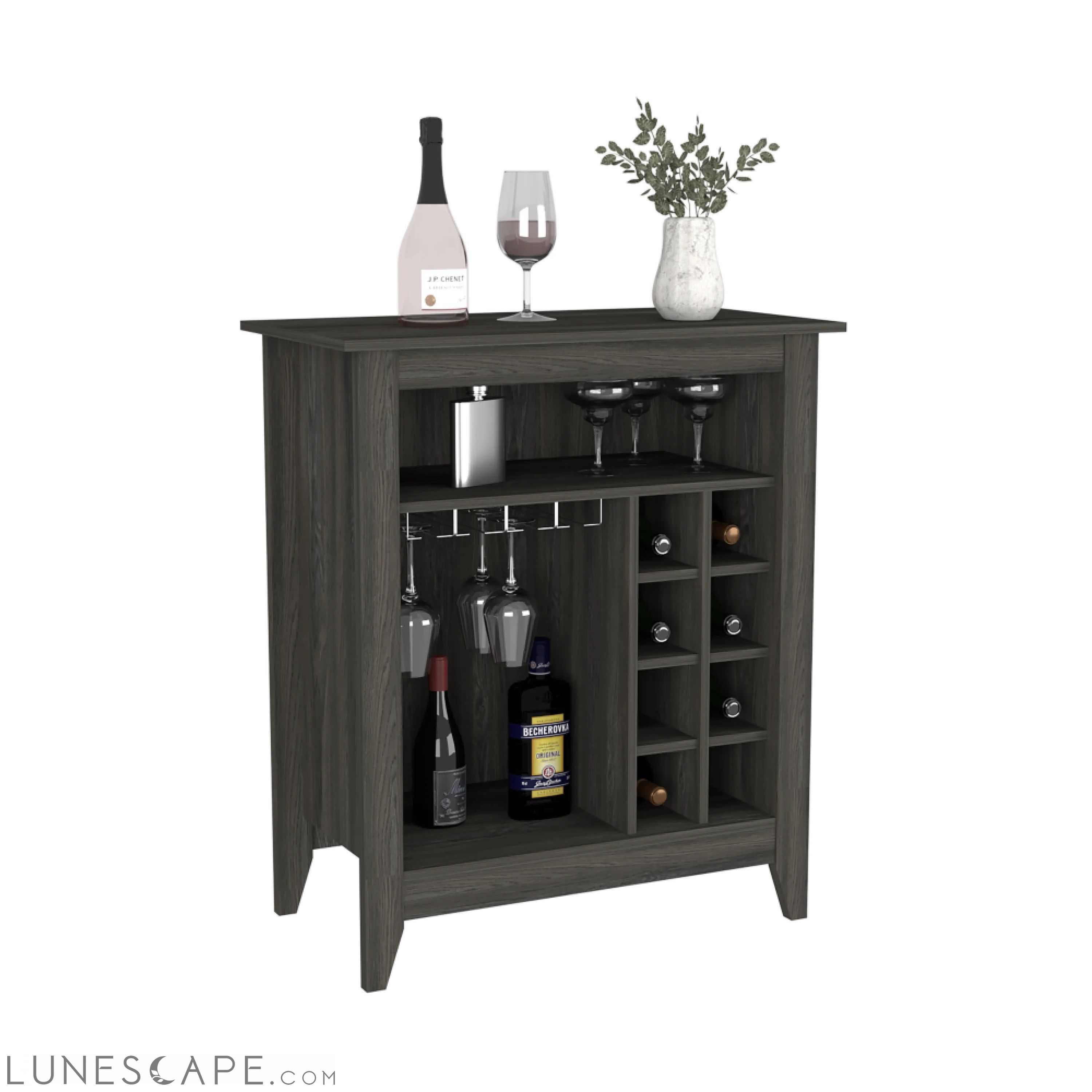 Bar Cabinet Castle, One Open Shelf, Six Wine Cubbies, Carbon Espresso LUNESCAPE