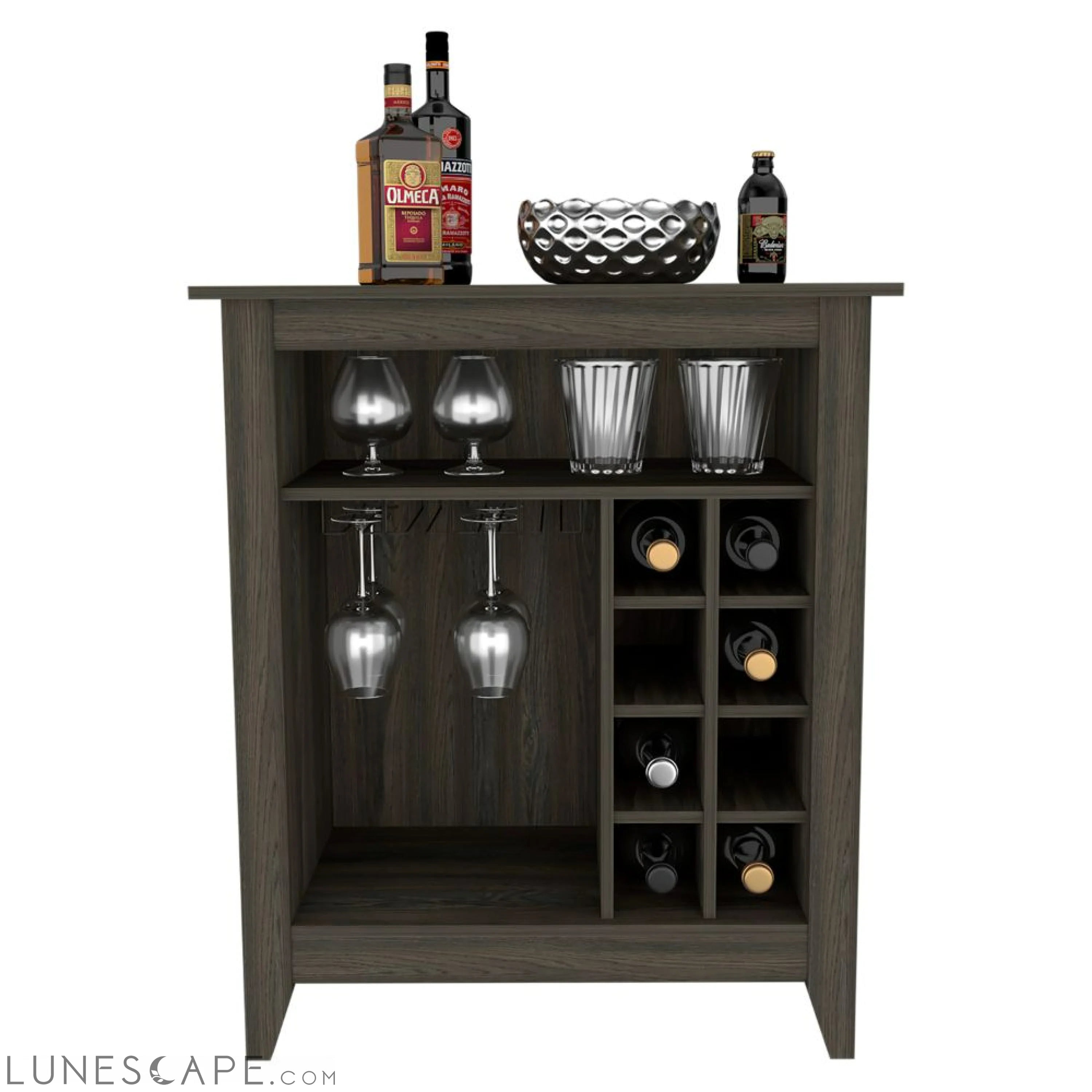 Bar Cabinet Castle, One Open Shelf, Six Wine Cubbies, Carbon Espresso LUNESCAPE
