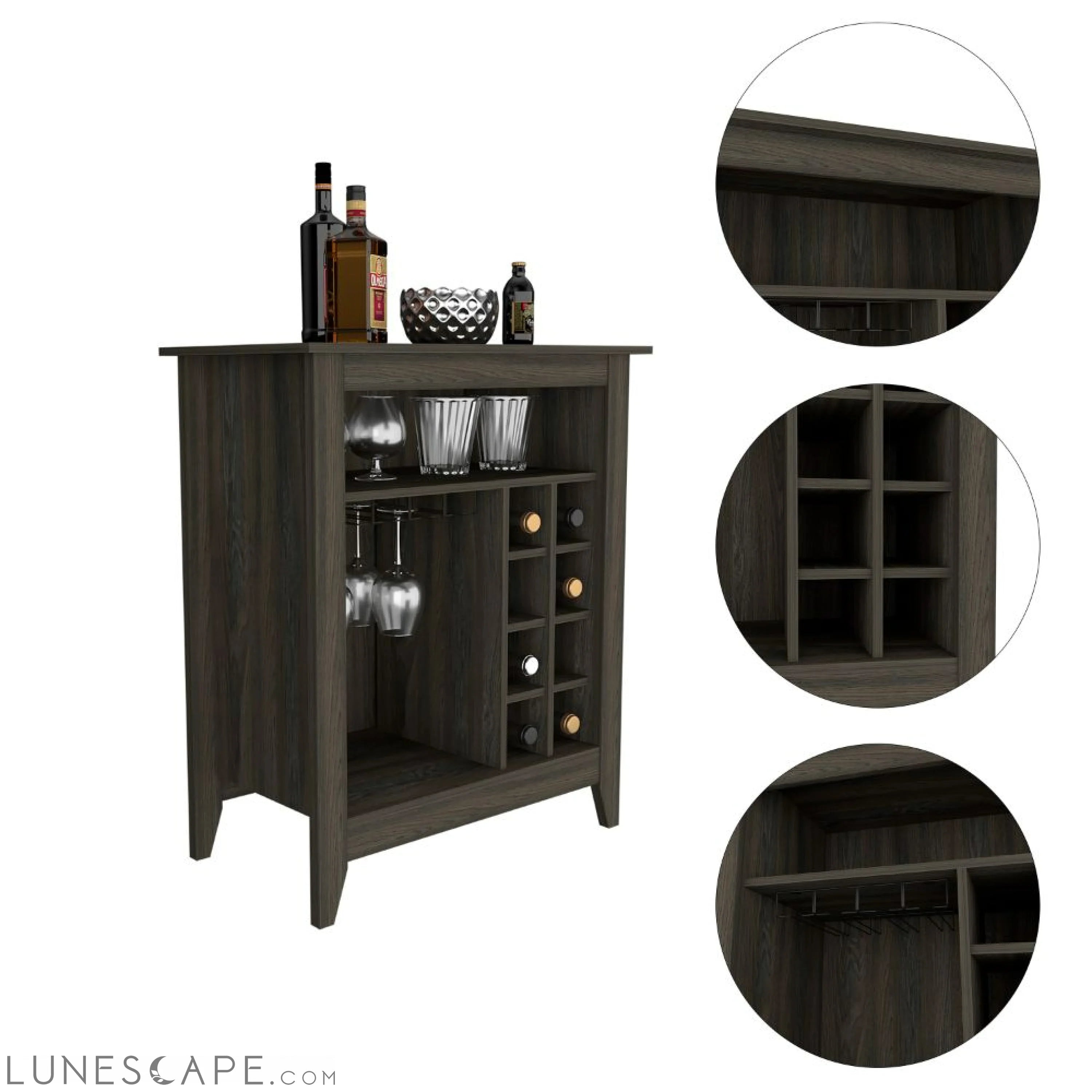 Bar Cabinet Castle, One Open Shelf, Six Wine Cubbies, Carbon Espresso LUNESCAPE