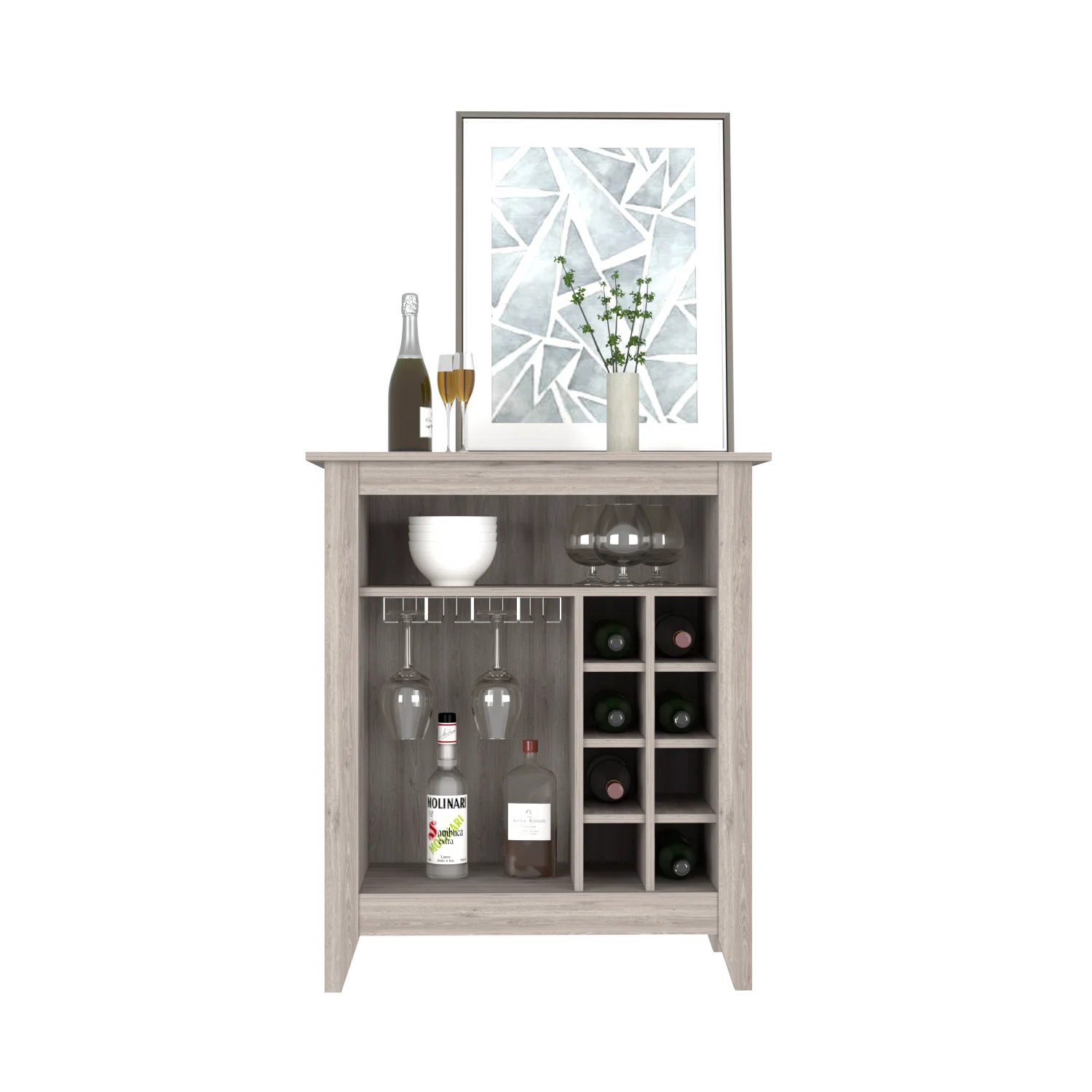 Bar Cabinet Castle, One Open Shelf, Six Wine Cubbies, Light Gray LUNESCAPE