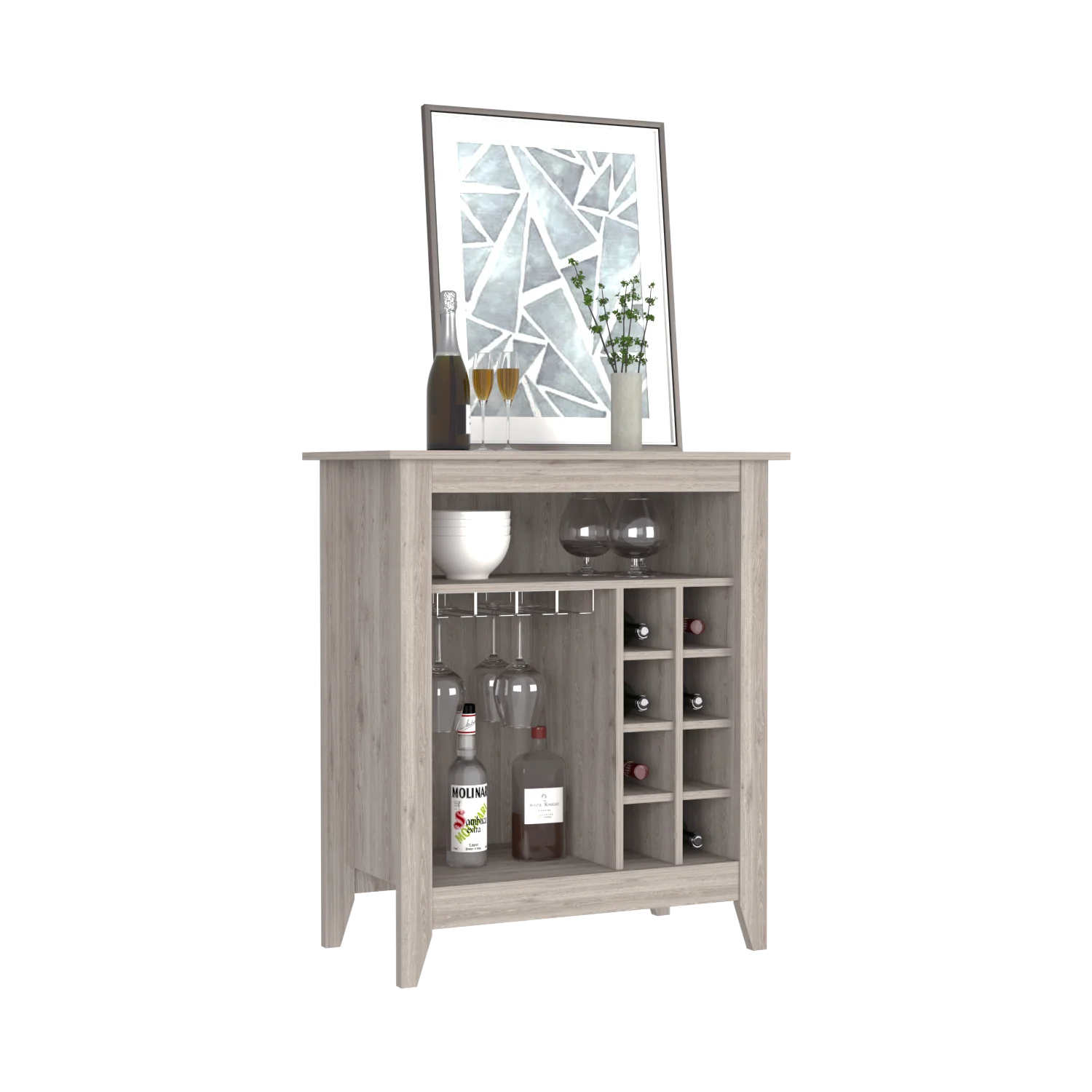 Bar Cabinet Castle, One Open Shelf, Six Wine Cubbies, Light Gray LUNESCAPE