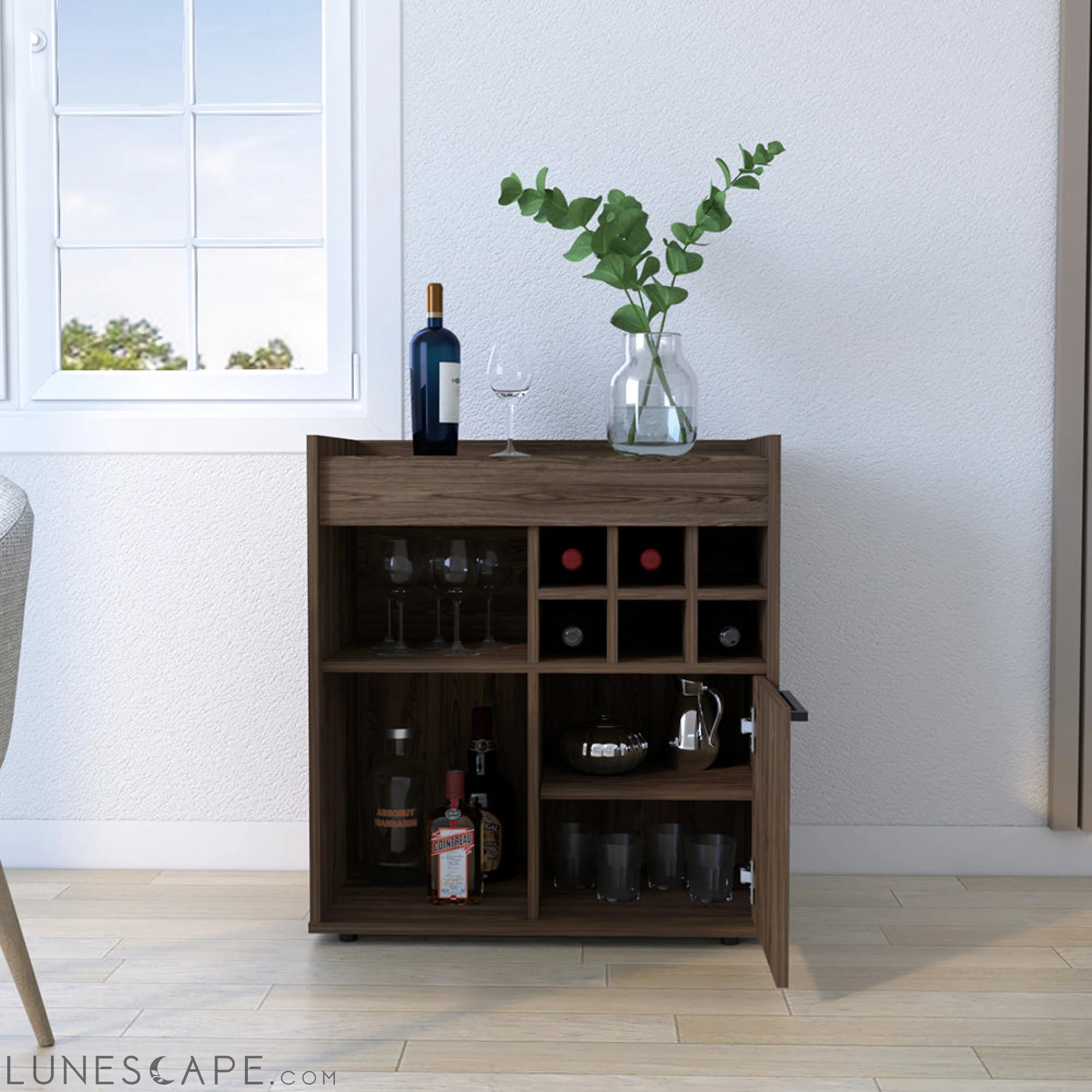 Bar Cabinet Dext, Two Concealed Shelves, Six Wine Cubbies, Dark Walnut LUNESCAPE