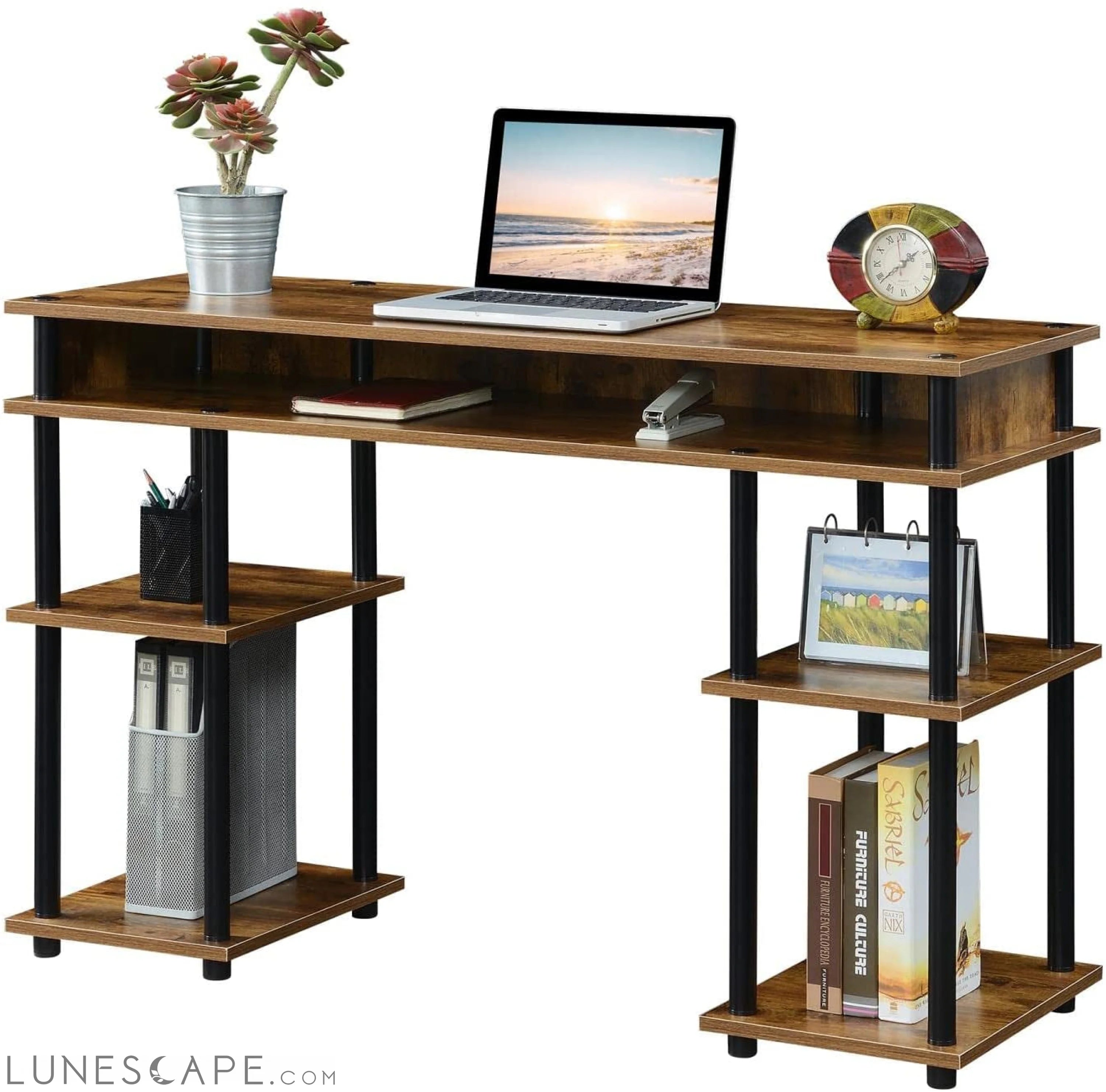 Barnwood/Black Student Desk with Shelves, No Tools LUNESCAPE
