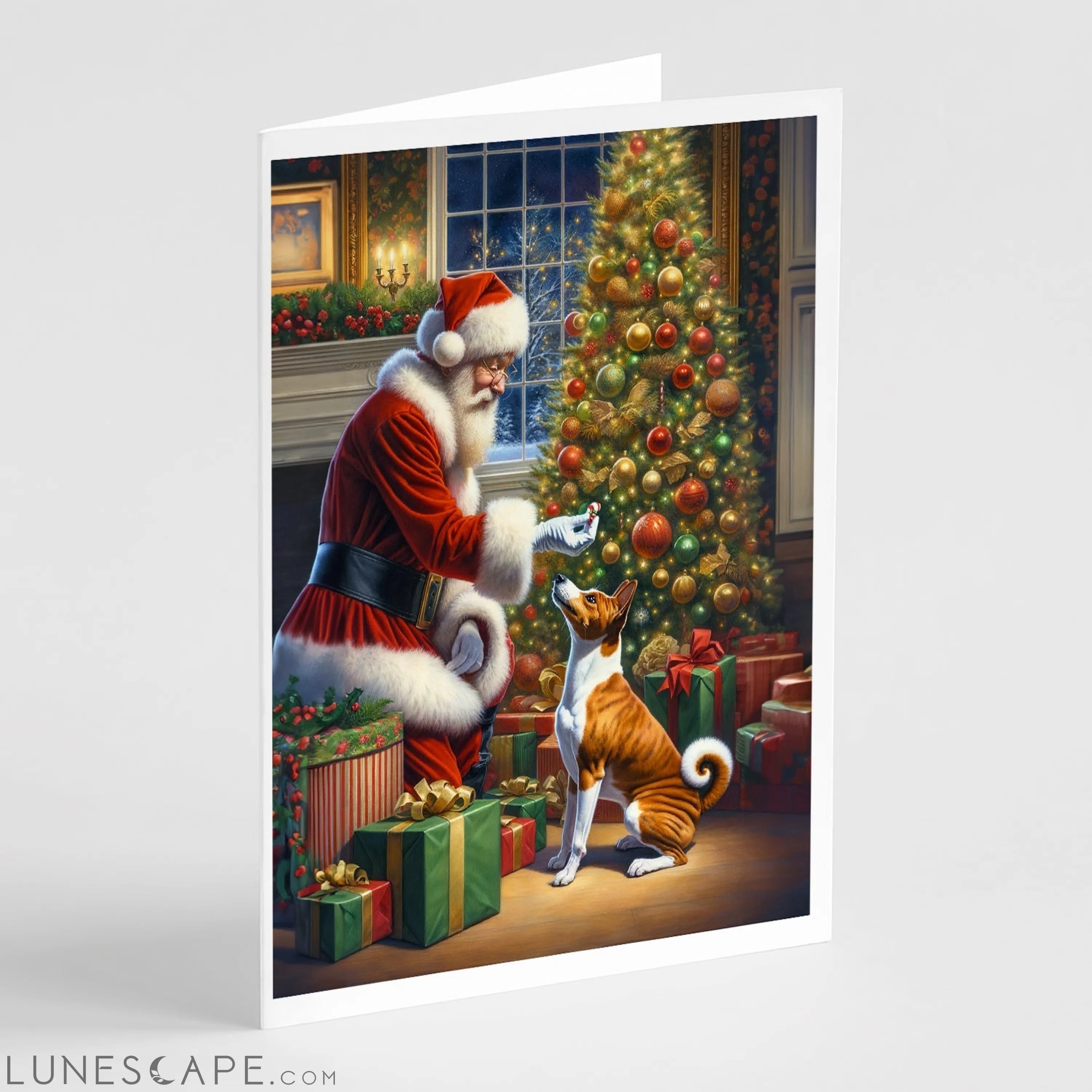 Basenji and Santa Claus Greeting Cards Pack of 8 LUNESCAPE