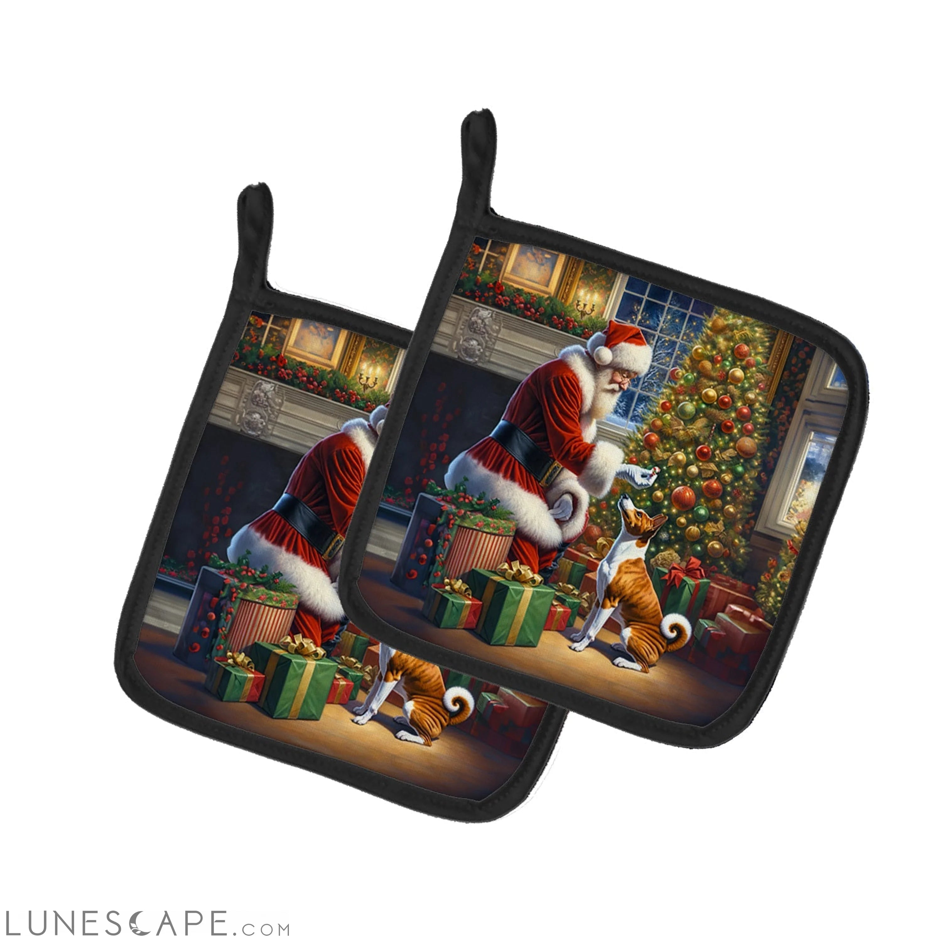 Basenji and Santa Claus Pair of Pot Holders LUNESCAPE