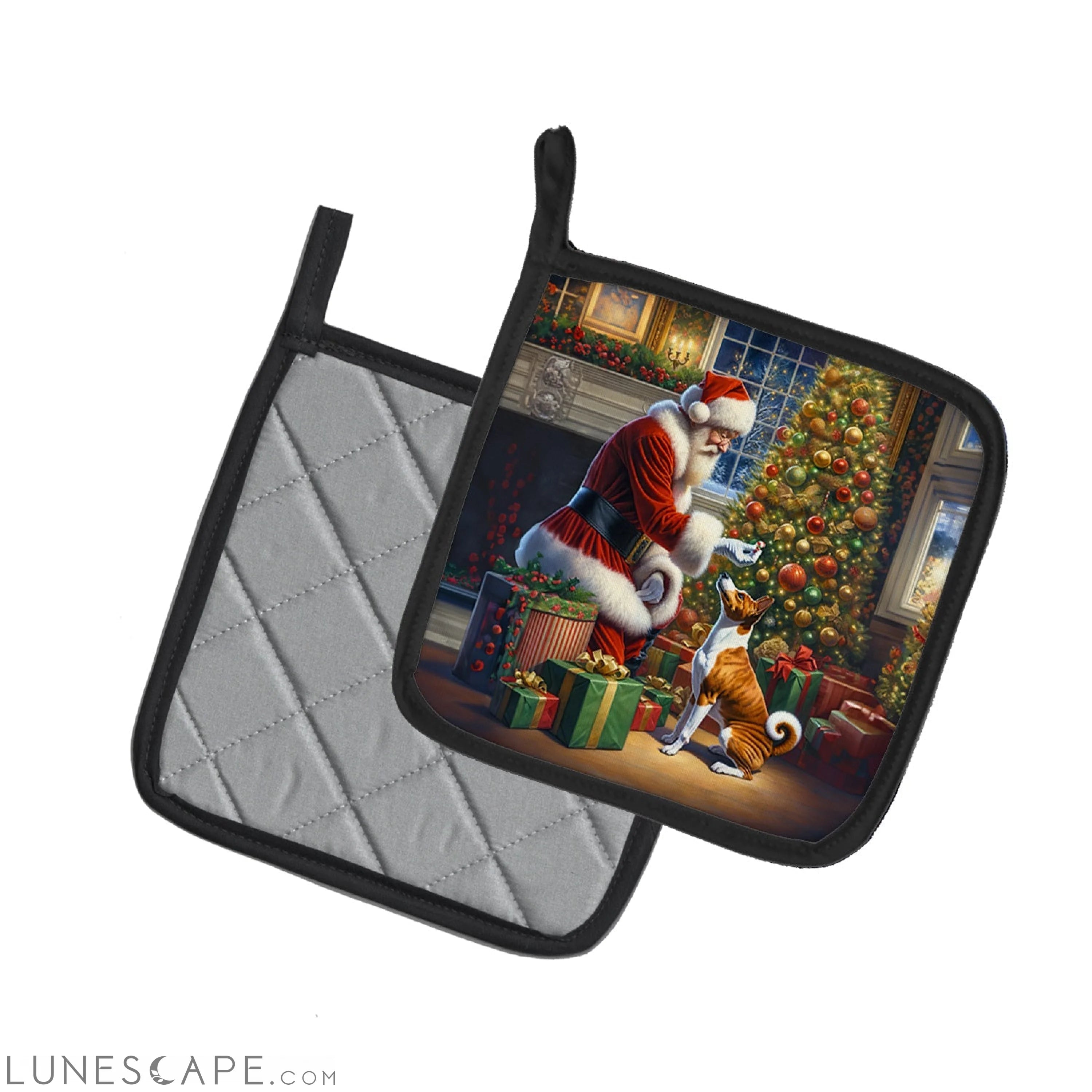 Basenji and Santa Claus Pair of Pot Holders LUNESCAPE