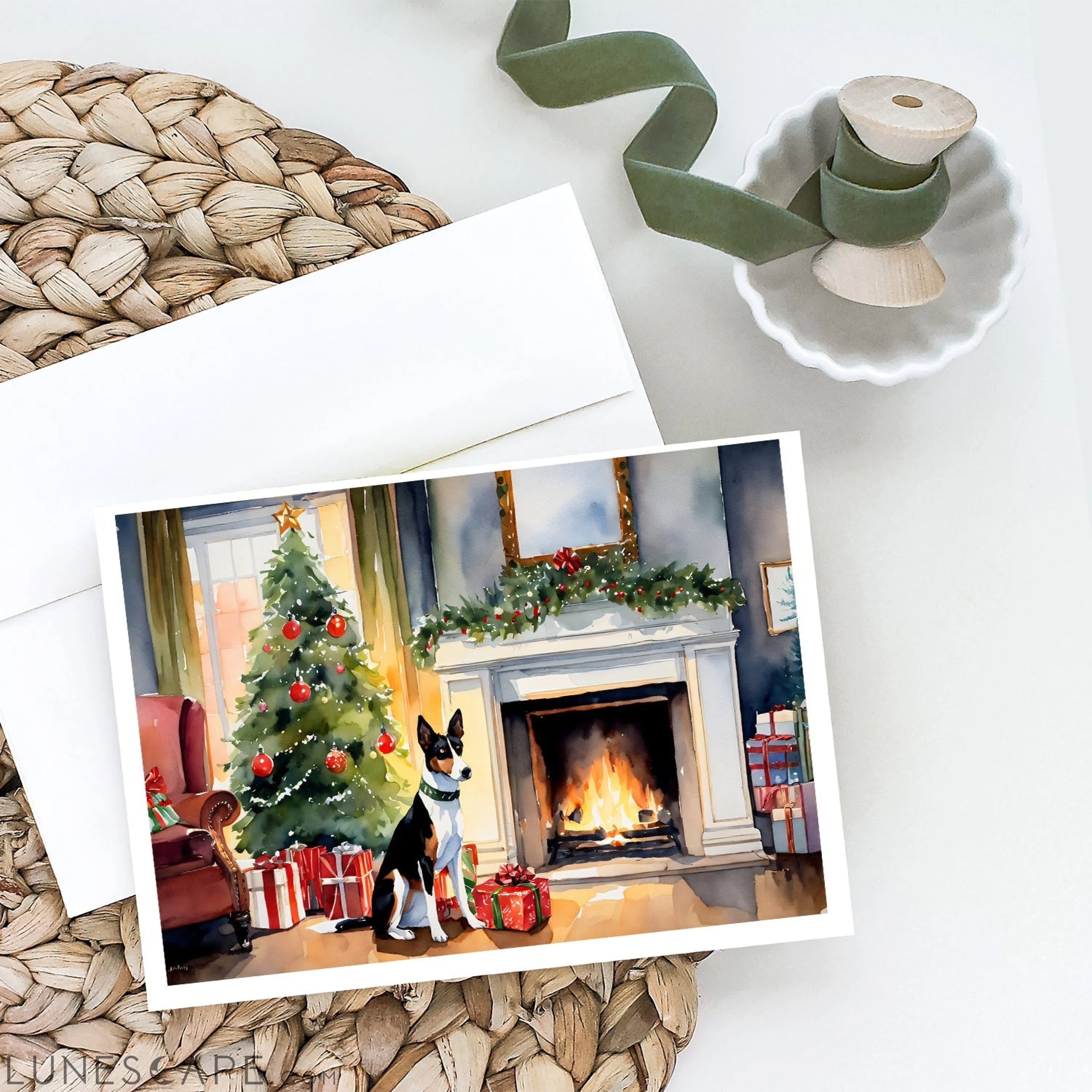 Basenji Cozy Christmas Greeting Cards Pack of 8 LUNESCAPE