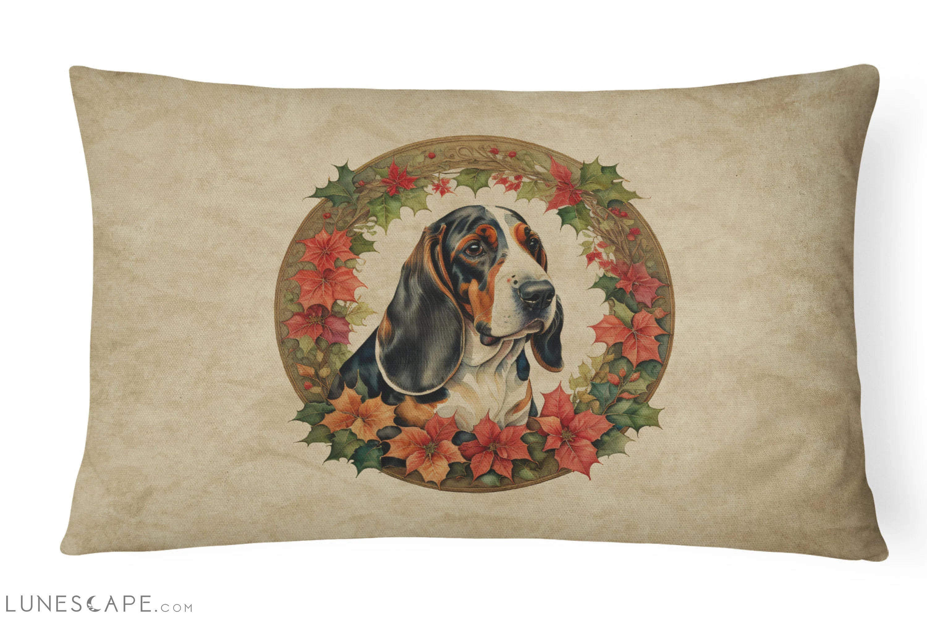 Basset Hound Christmas Flowers Throw Pillow LUNESCAPE