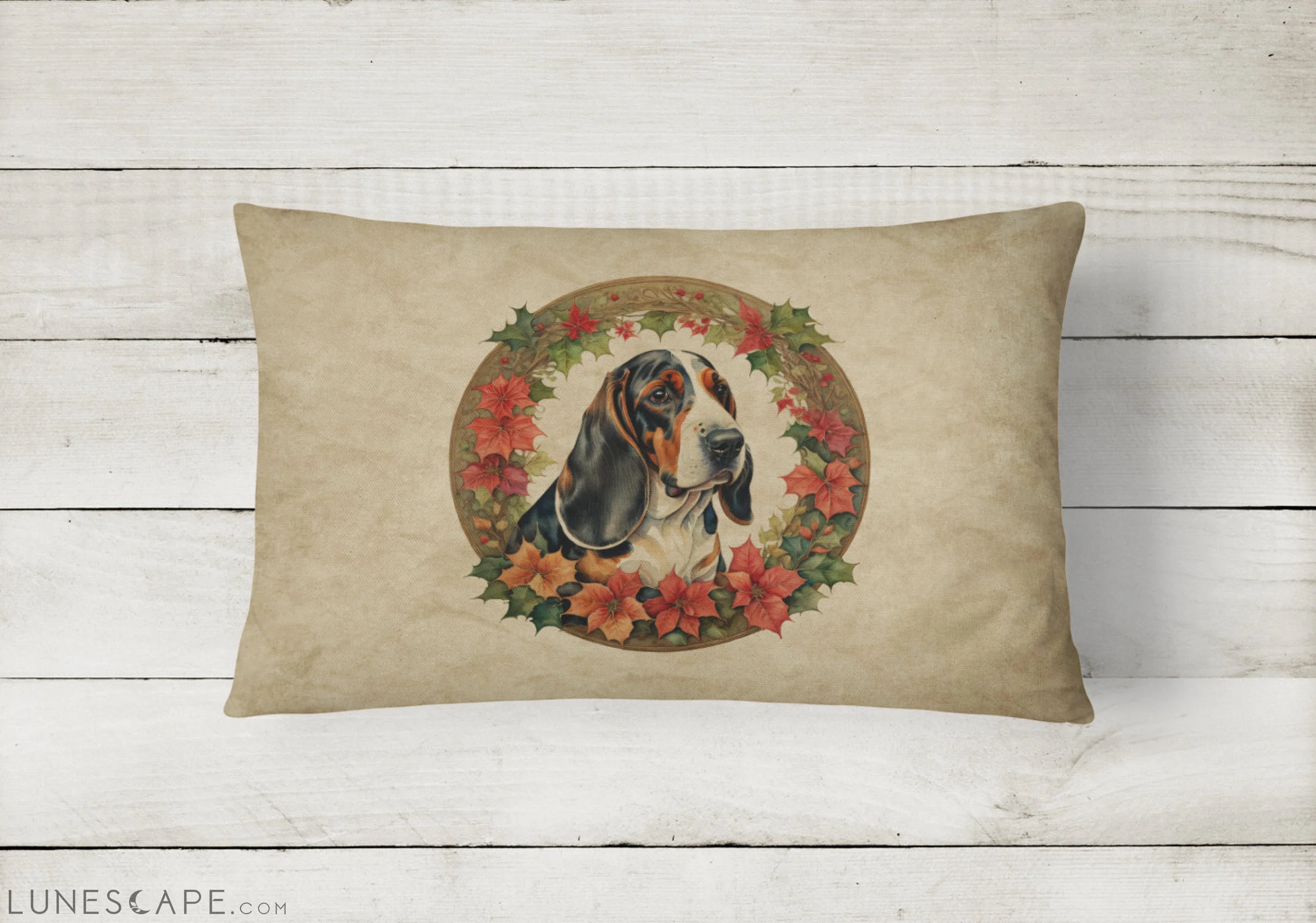 Basset Hound Christmas Flowers Throw Pillow LUNESCAPE