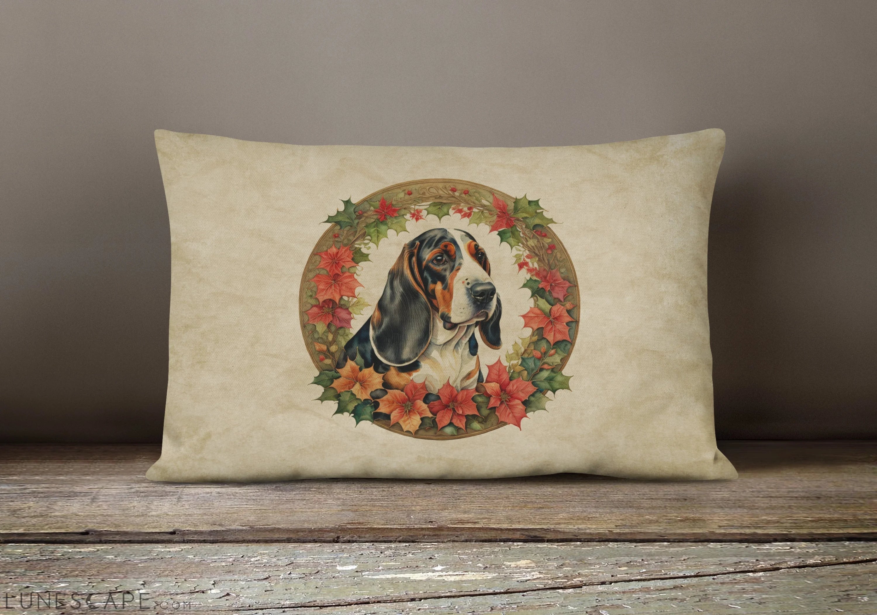 Basset Hound Christmas Flowers Throw Pillow LUNESCAPE