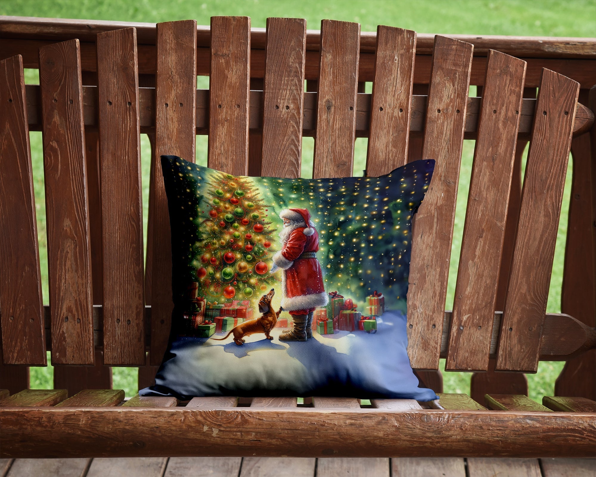 Dachshund and Santa Claus Throw Pillow LUNESCAPE