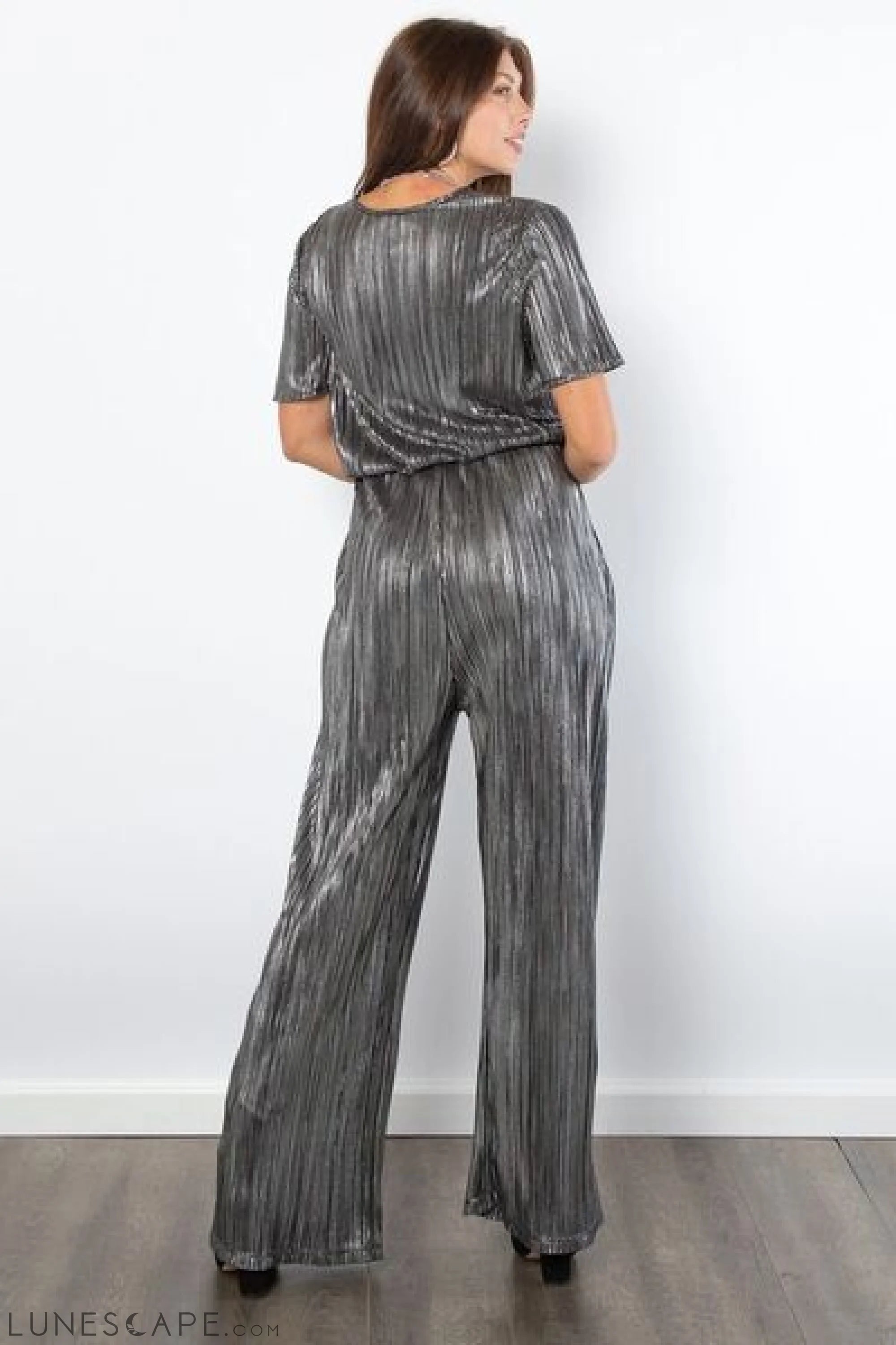 Be Stage Surplice Short Sleeve Pleated Foil Jumpsuit LUNESCAPE