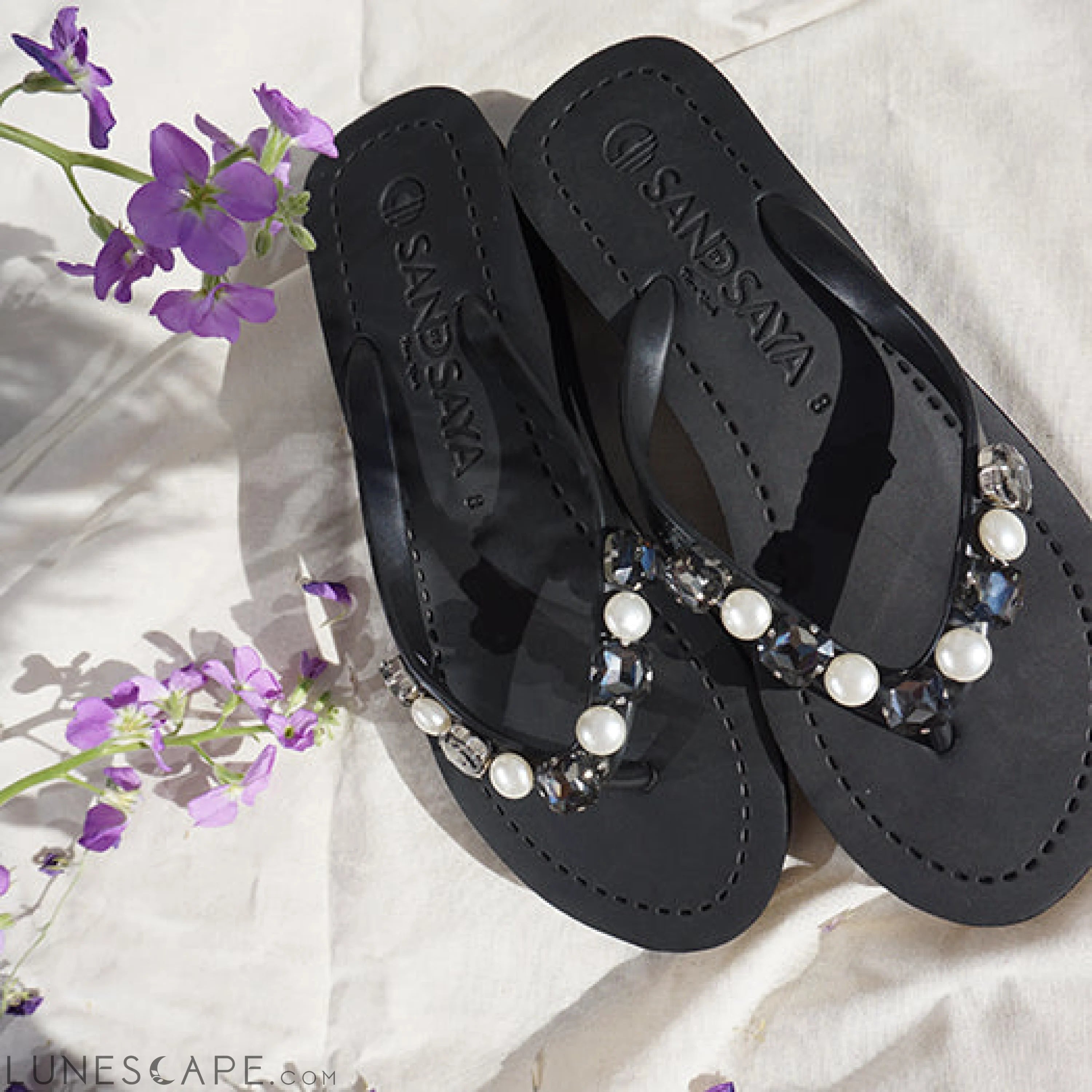 Beach Pearl - Crystal & Beads Mid Wedge Flip Flops Sandals LUNESCAPE