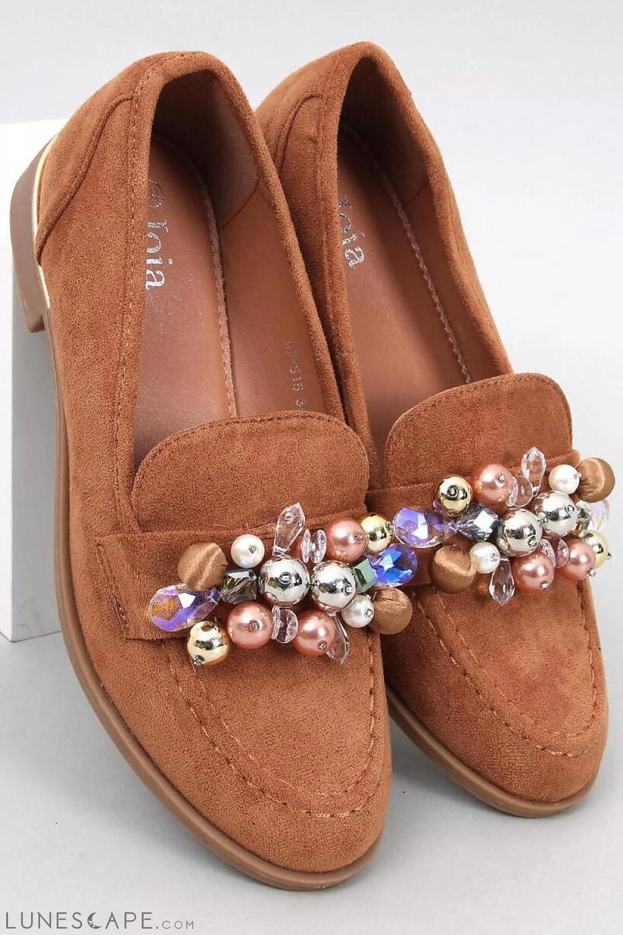 Beaded Brown Eco-Suede Loafers for Women – Almond Toe with Embellished Vamp LUNESCAPE