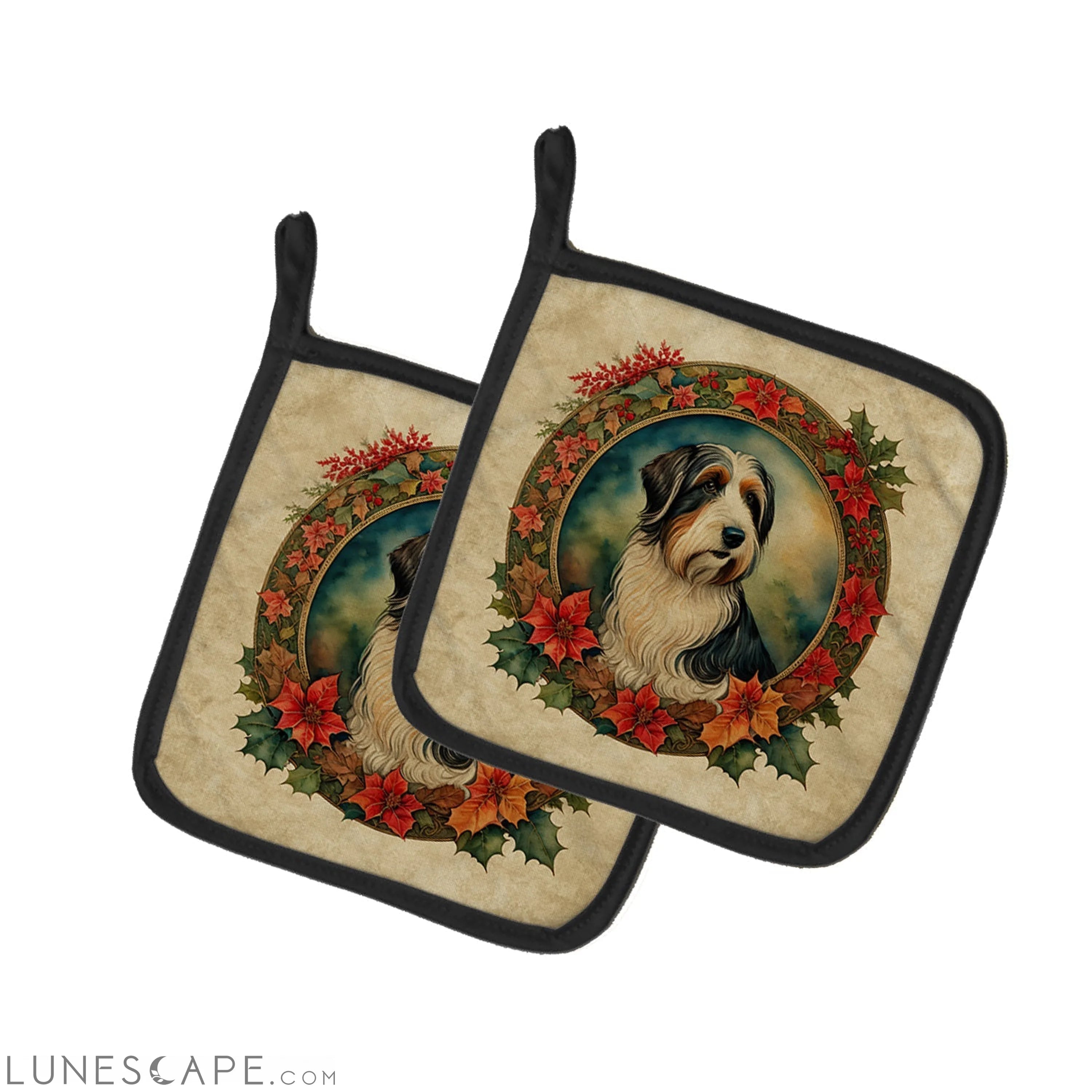 Bearded Collie Christmas Flowers Pair of Pot Holders LUNESCAPE