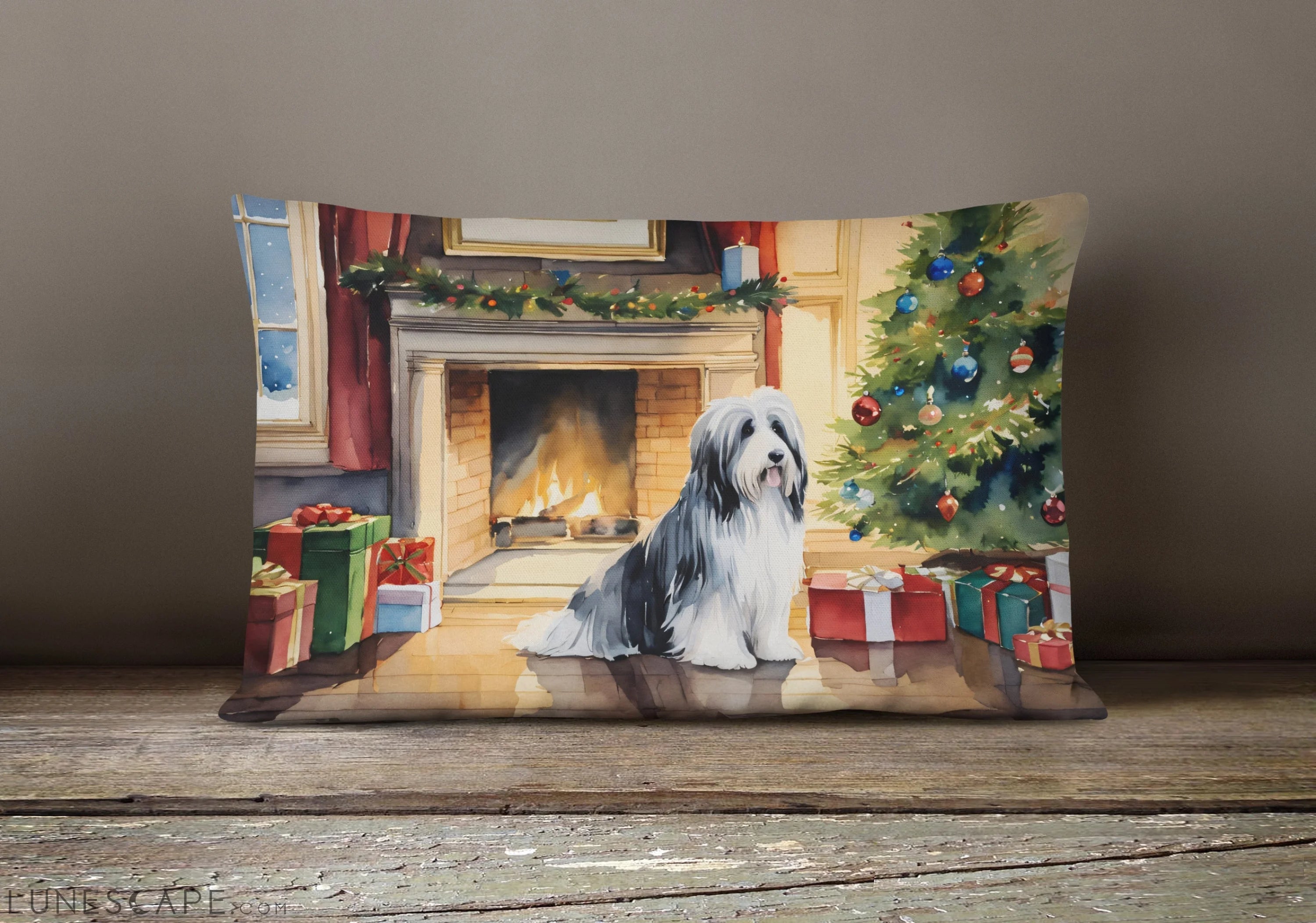 Bearded Collie Cozy Christmas Throw Pillow LUNESCAPE