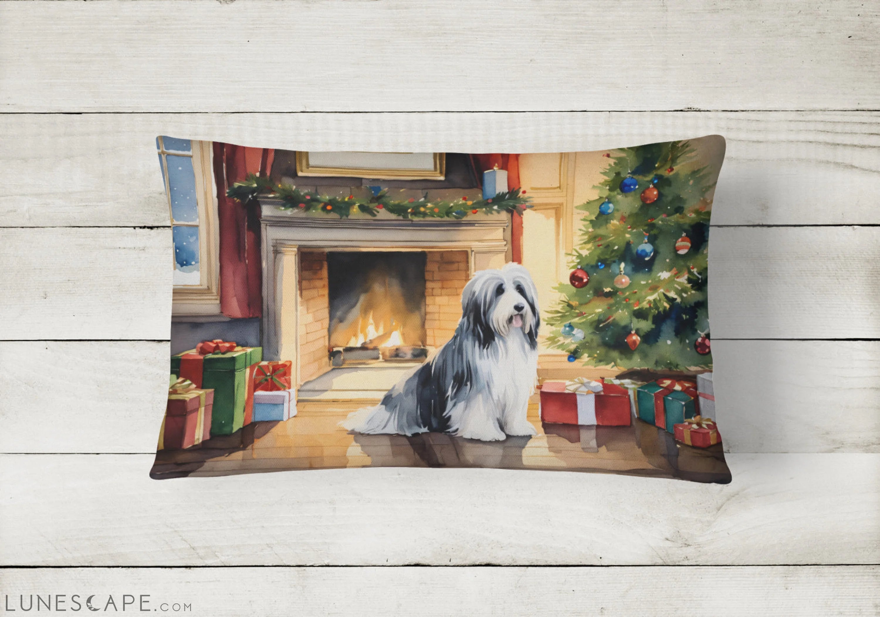 Bearded Collie Cozy Christmas Throw Pillow LUNESCAPE