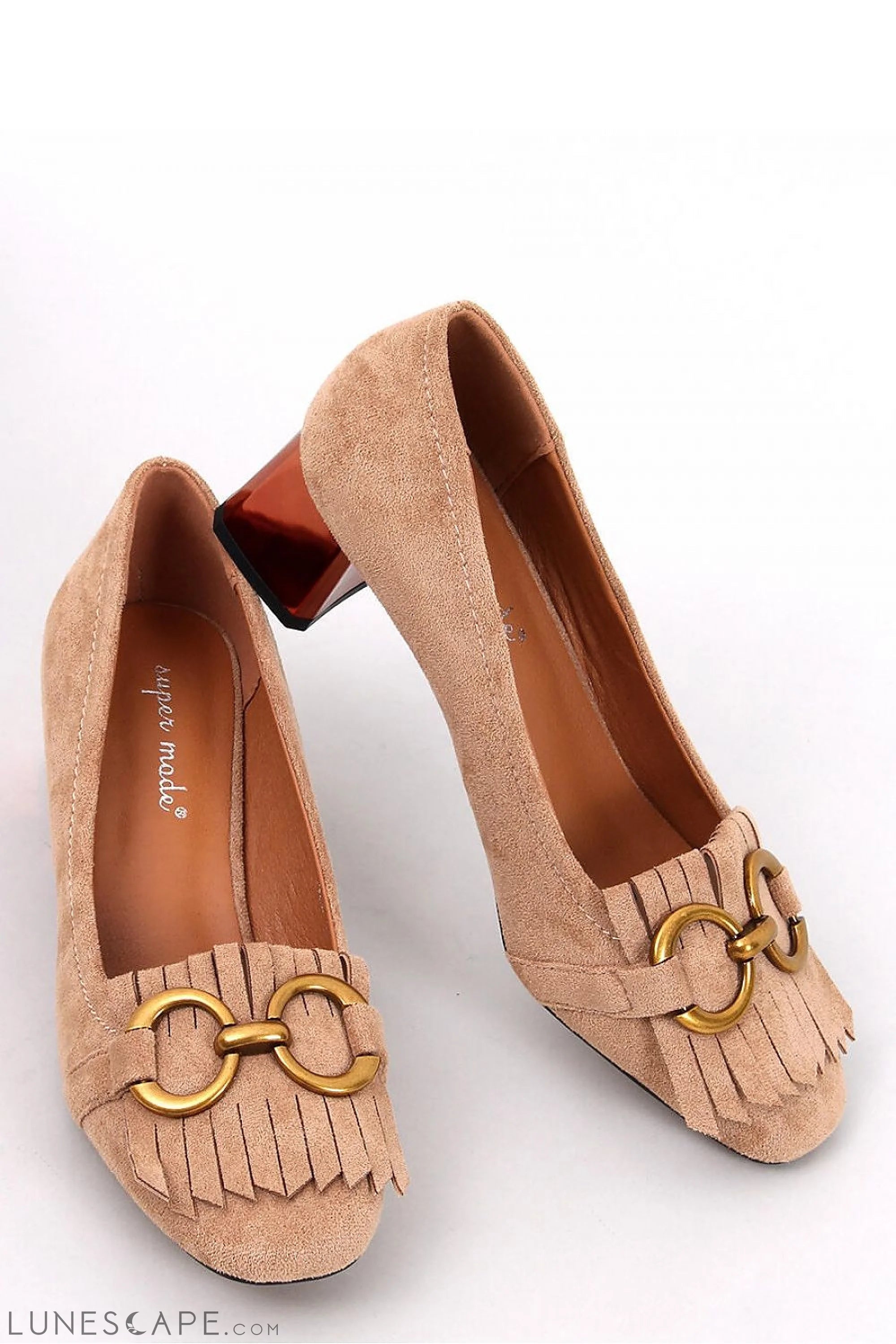 Beige Eco-Suede Copper Block Heel Loafers with Fringe and Gold Horsebit Detail LUNESCAPE