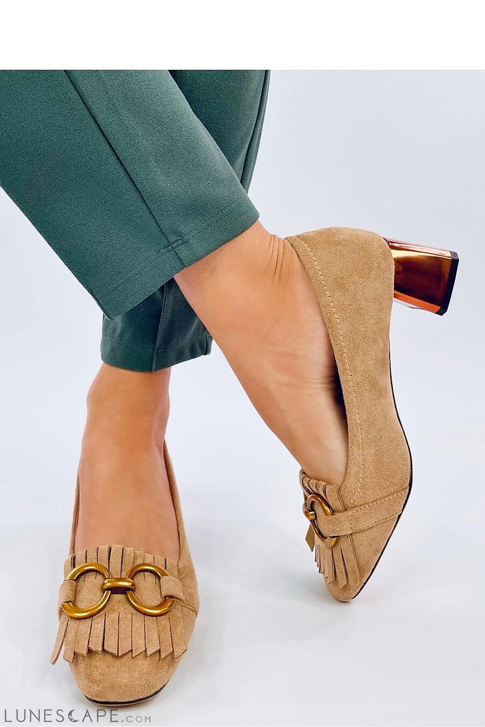 Beige Eco-Suede Copper Block Heel Loafers with Fringe and Gold Horsebit Detail LUNESCAPE
