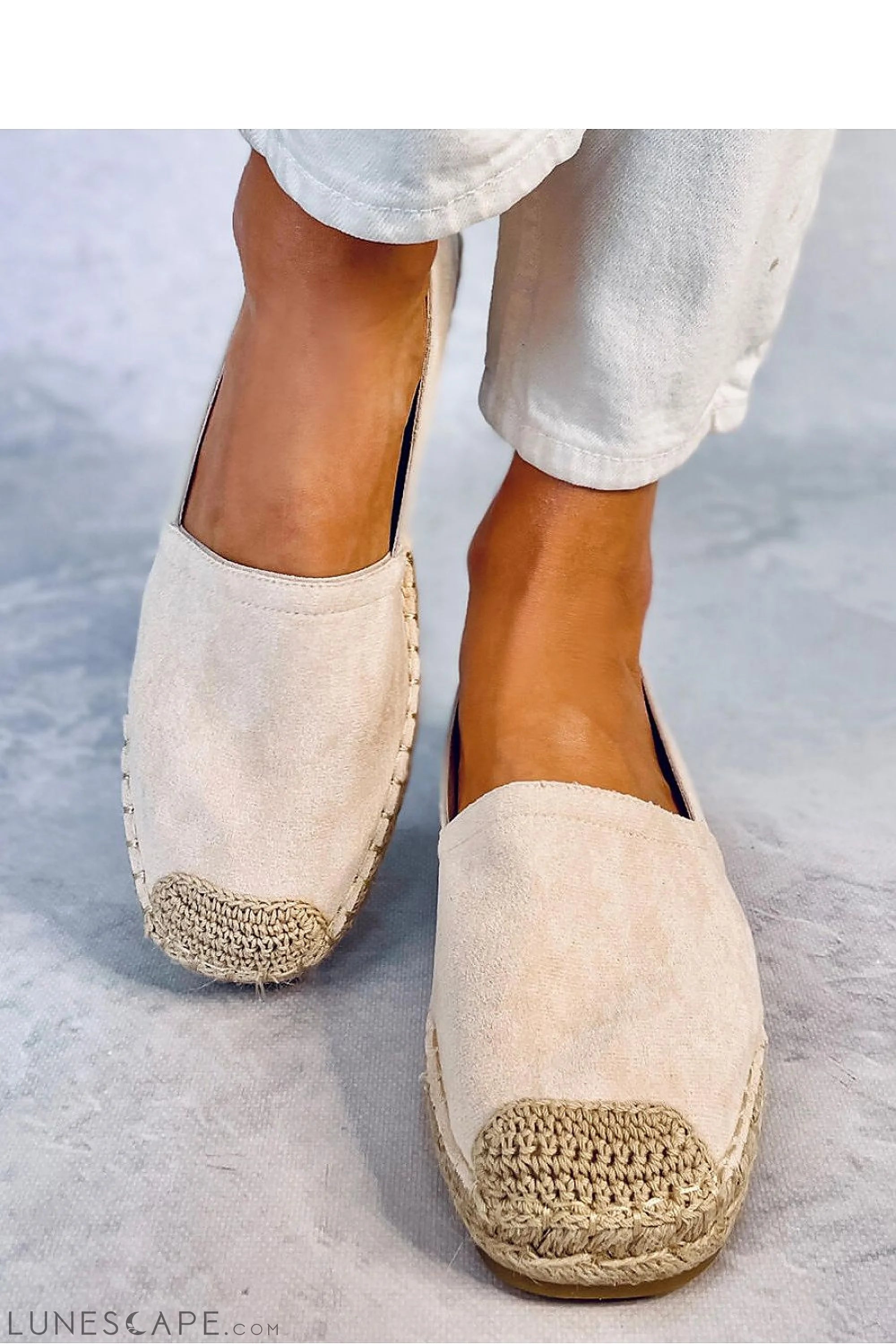 Beige Eco-Suede Espadrilles with Woven Jute Cap Toe & Pull Tab LUNESCAPE