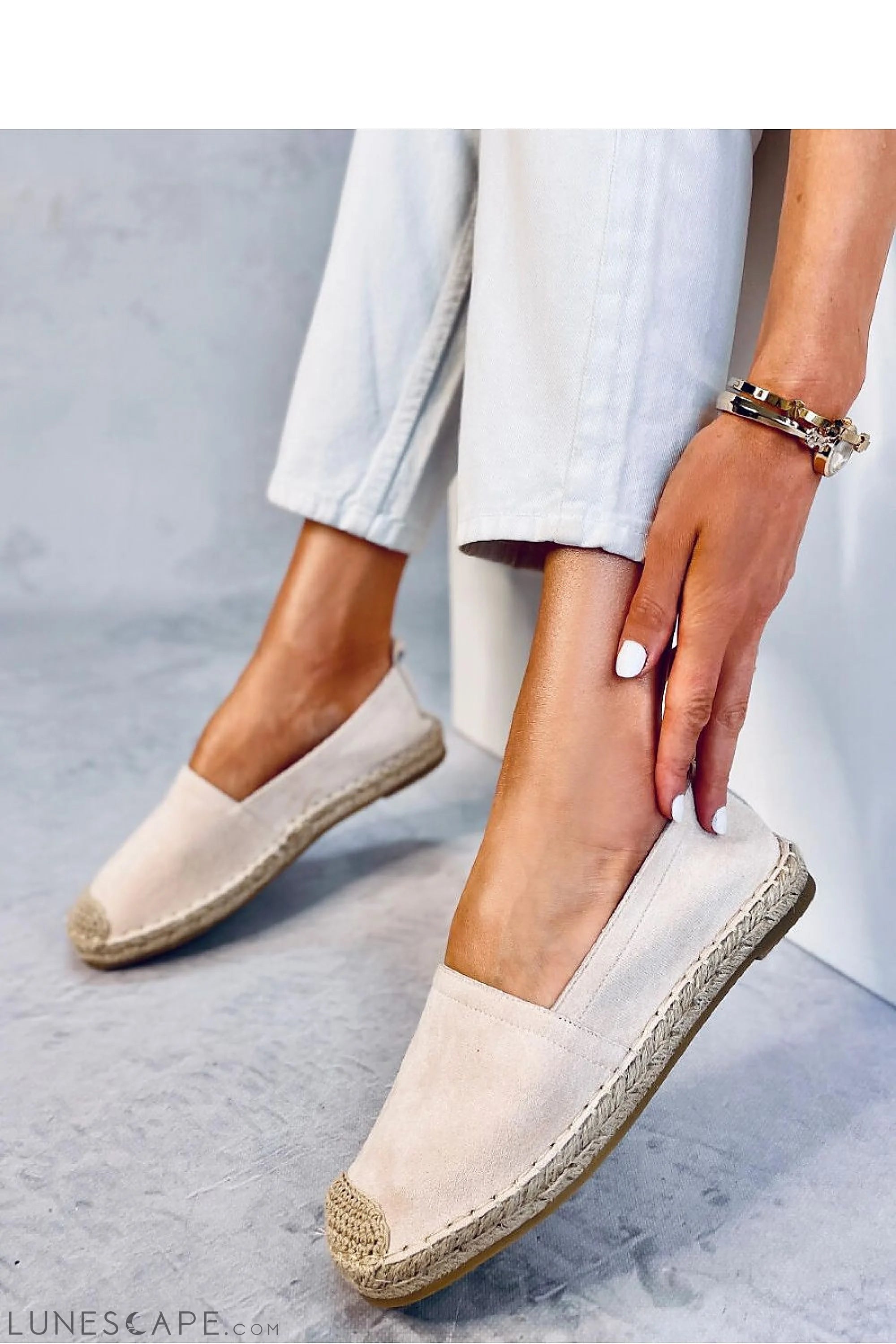 Beige Eco-Suede Espadrilles with Woven Jute Cap Toe & Pull Tab LUNESCAPE