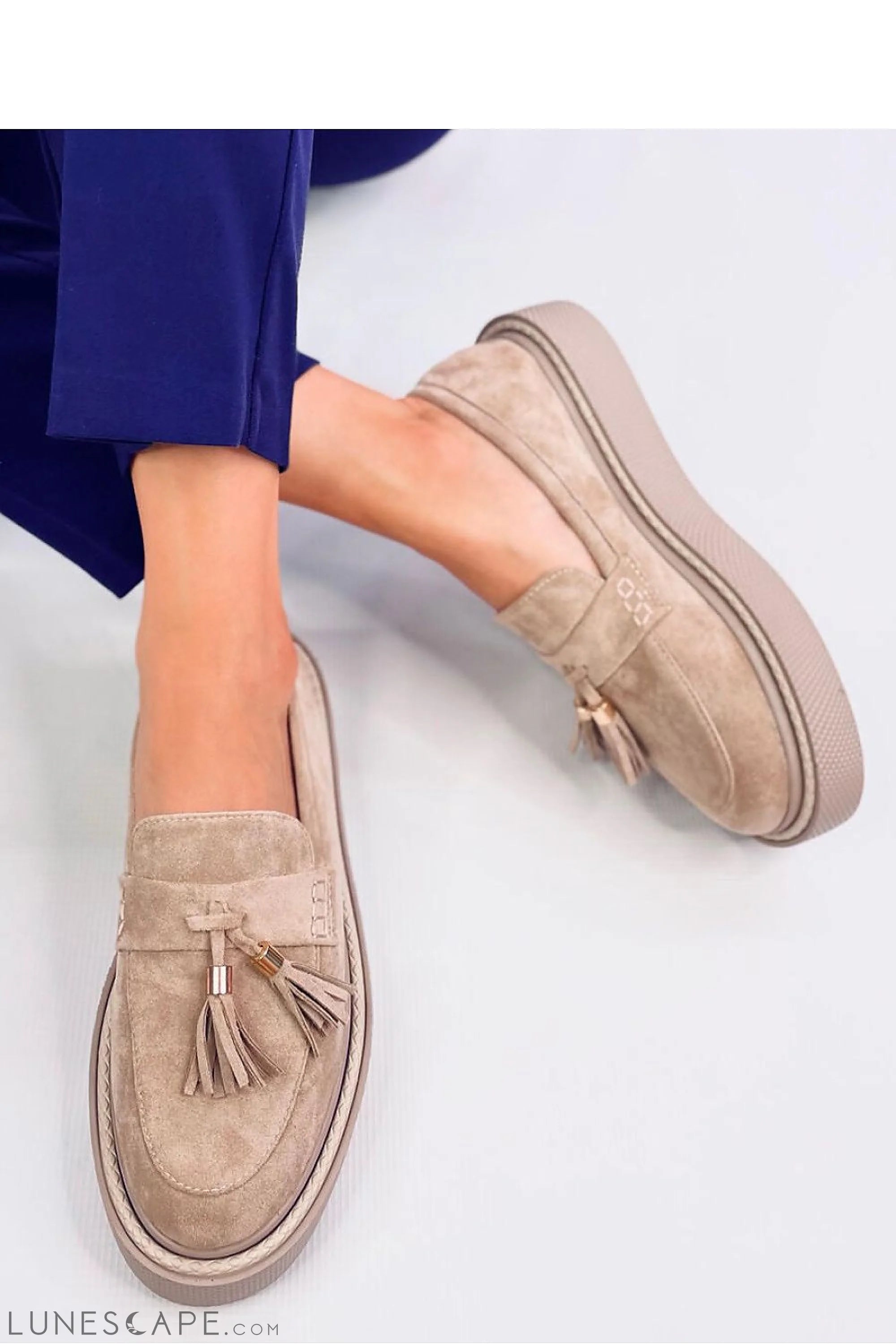 Beige Eco-Suede Flatform Loafers for Women – Tassel Slip-Ons with Platform Sole LUNESCAPE