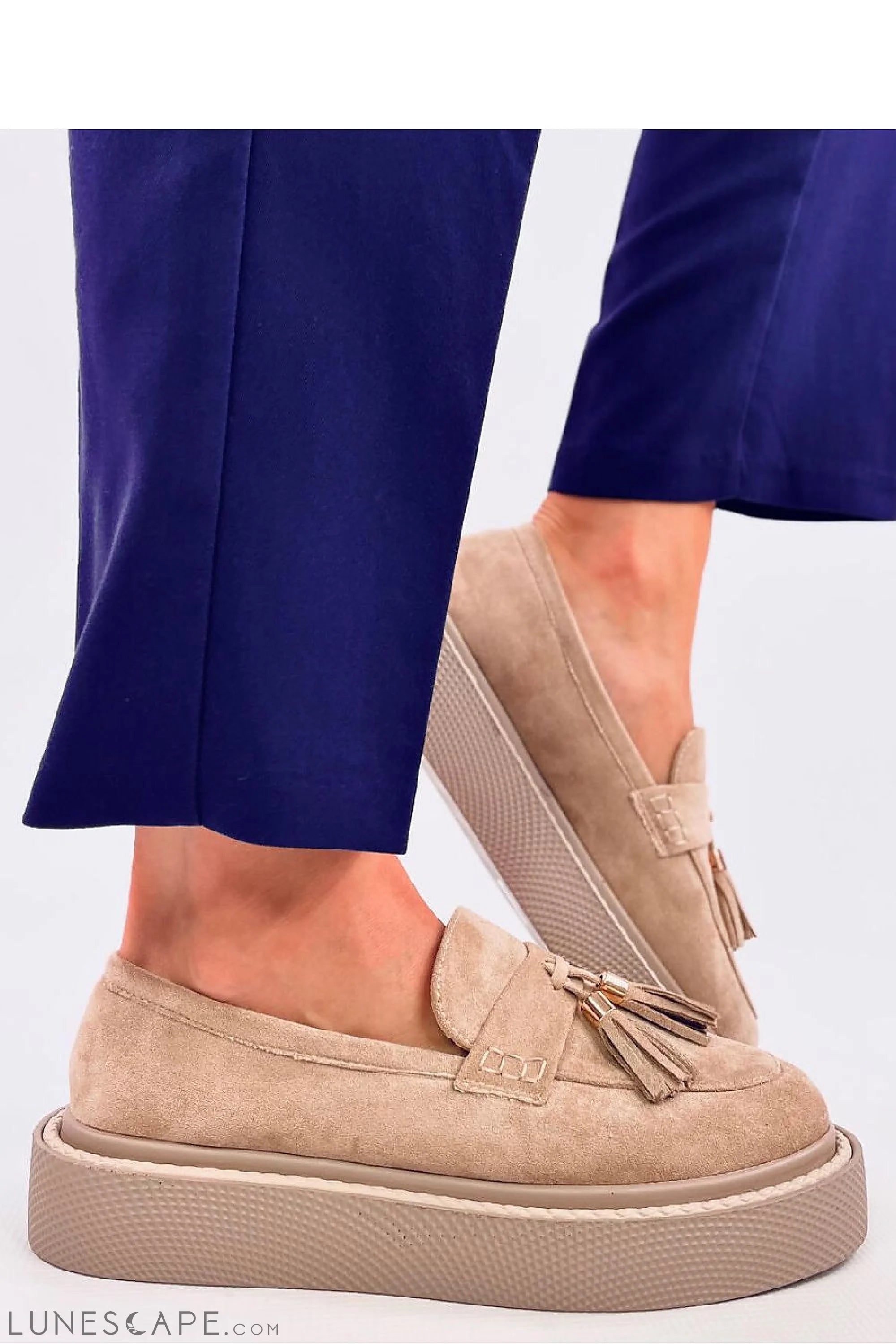 Beige Eco-Suede Flatform Loafers for Women – Tassel Slip-Ons with Platform Sole LUNESCAPE
