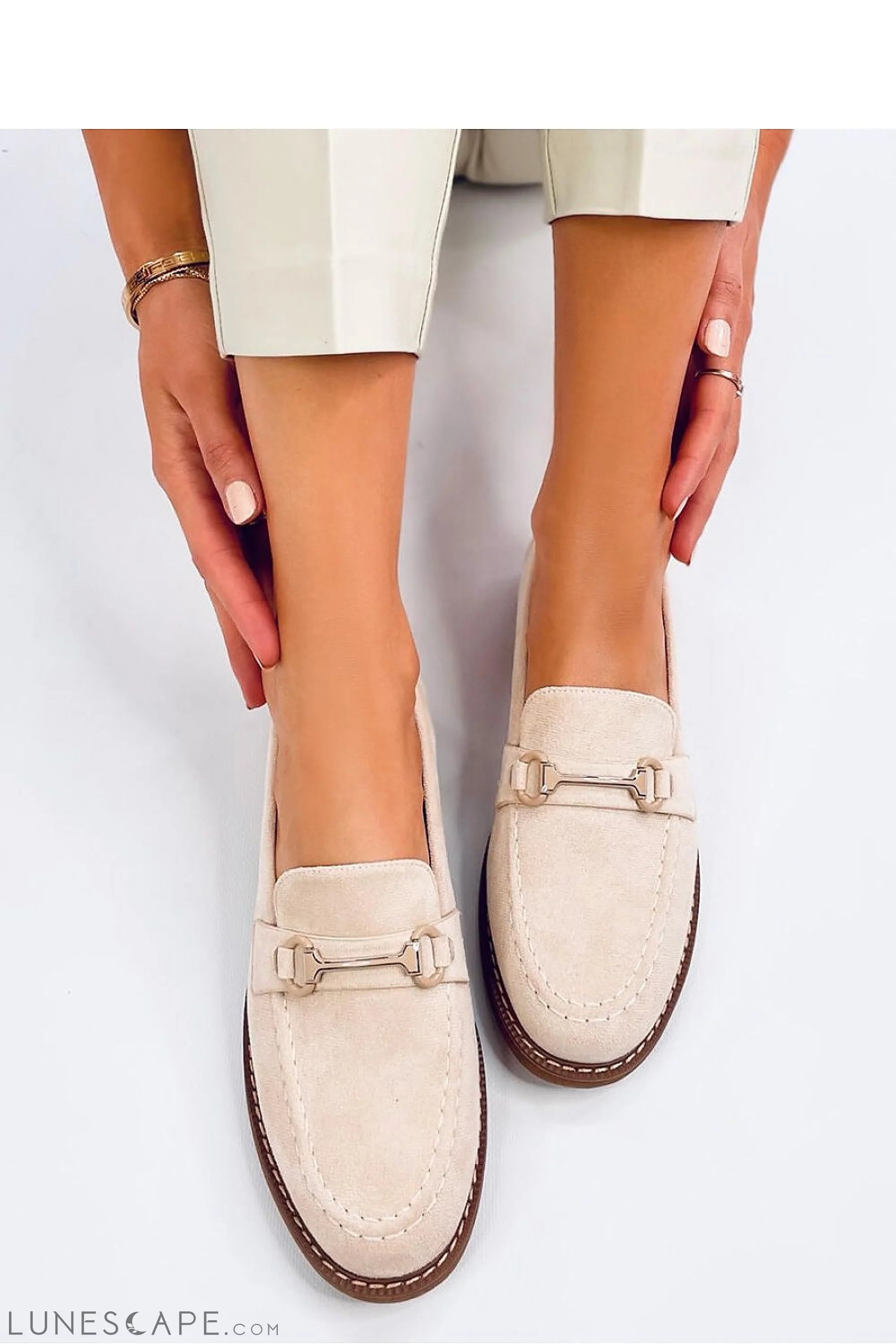 Beige Eco-Suede Loafers for Women – Almond Toe with Contrast Welt and Bit Accent LUNESCAPE
